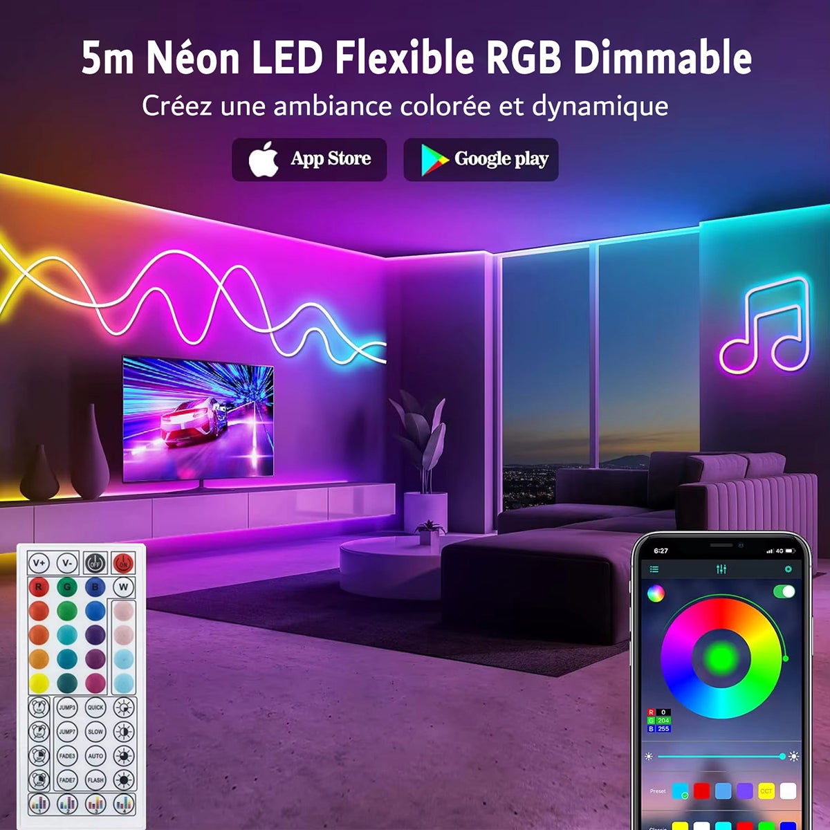 Kit de Néon flexible LED RGB 5m, DC 12V, bande lumineuse LED flexible pour intérieur et extérieur, APP/Télécommande, Plusieurs modes, IP65 étanche - 5