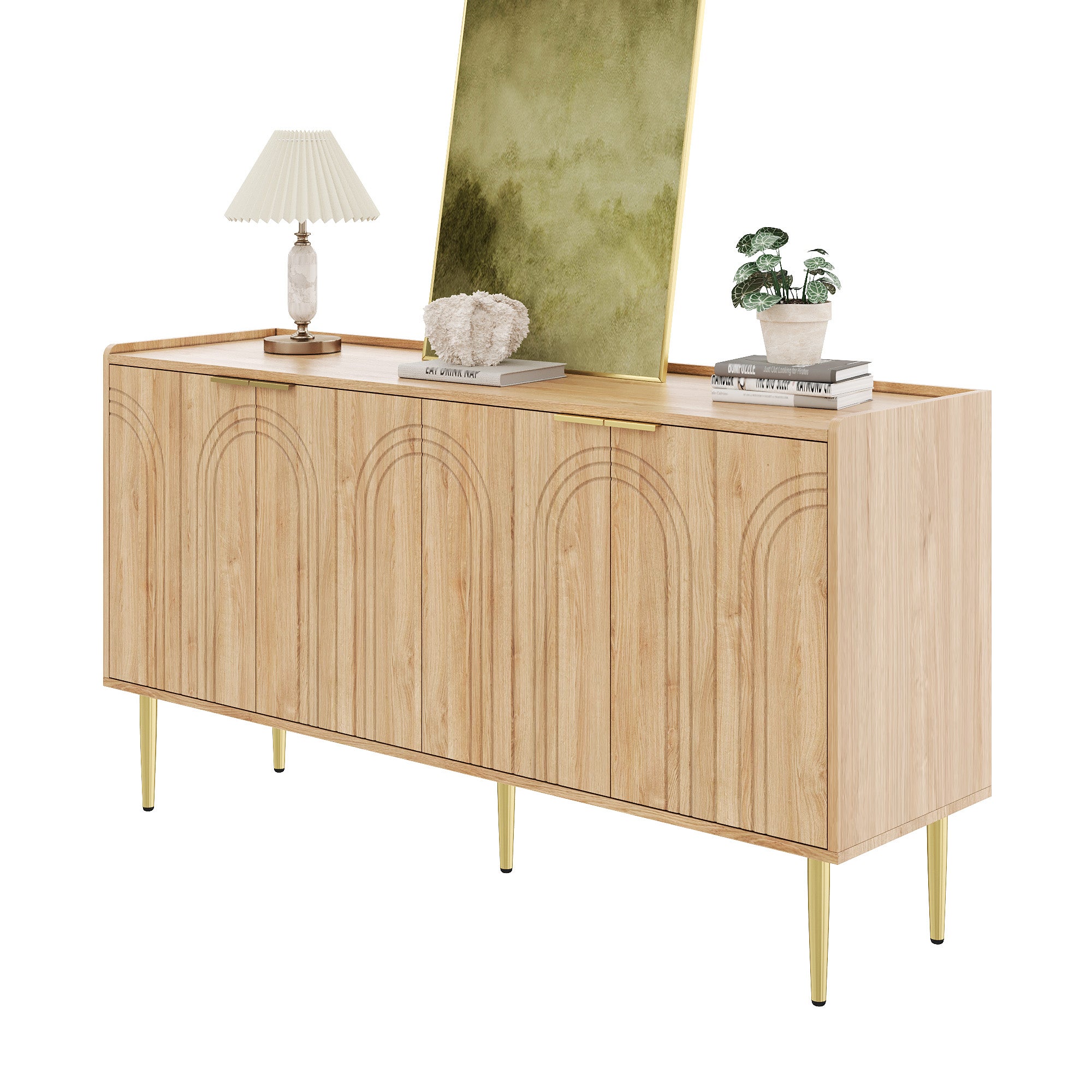 Nowoczesny buffet 140x38x75 cm - 4 fronty - wygląd drewna - Nogi metalowe - MDF - Kolor naturalny - 8