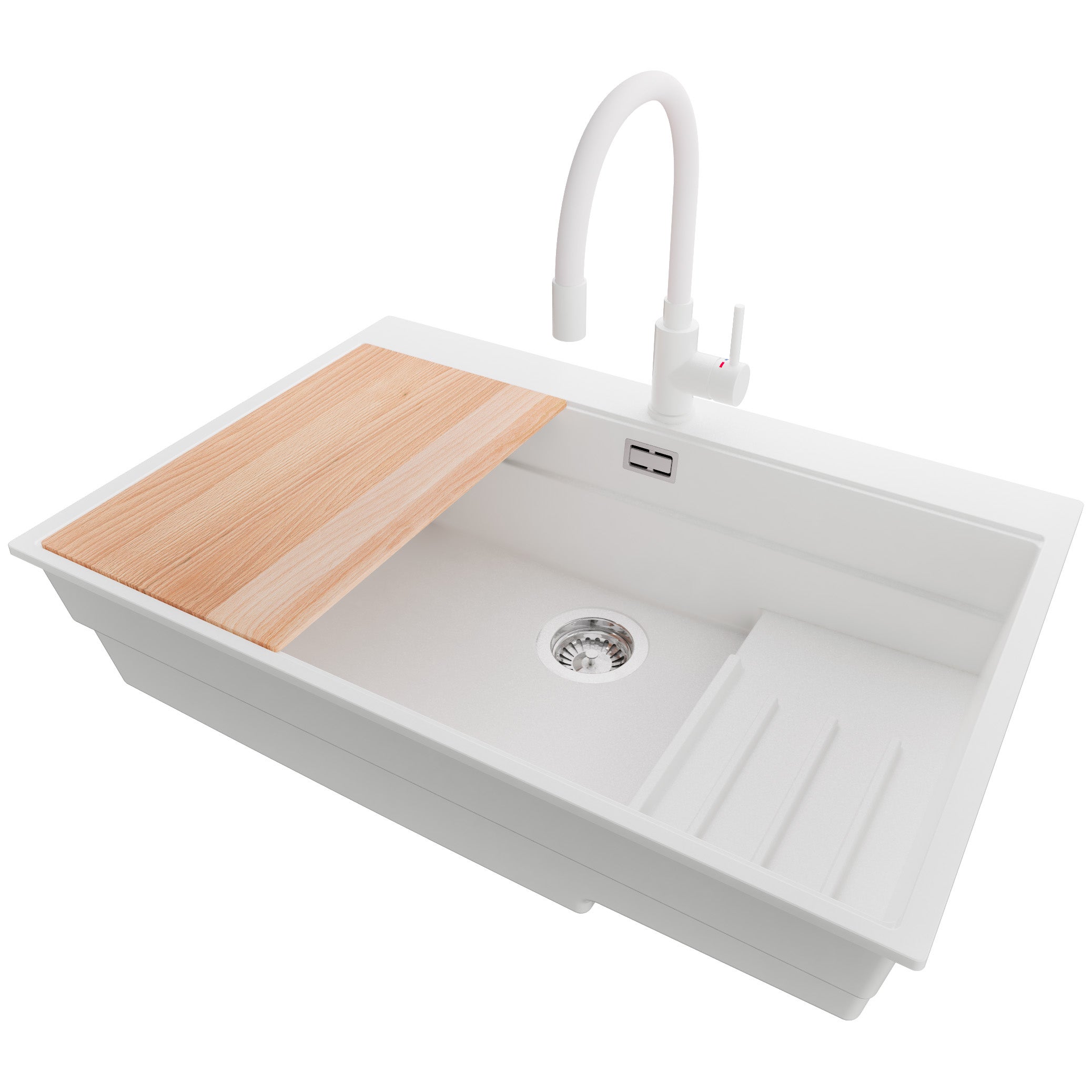 Zlewozmywak Granitowy Biały 78x53cm, Zlew Kuchenny 1 Komorowy + Bateria 38x14cm + Syfon + Akcesoria, Nablatowy do szafki od 80cm - Oslo Max PRIMAGRAN