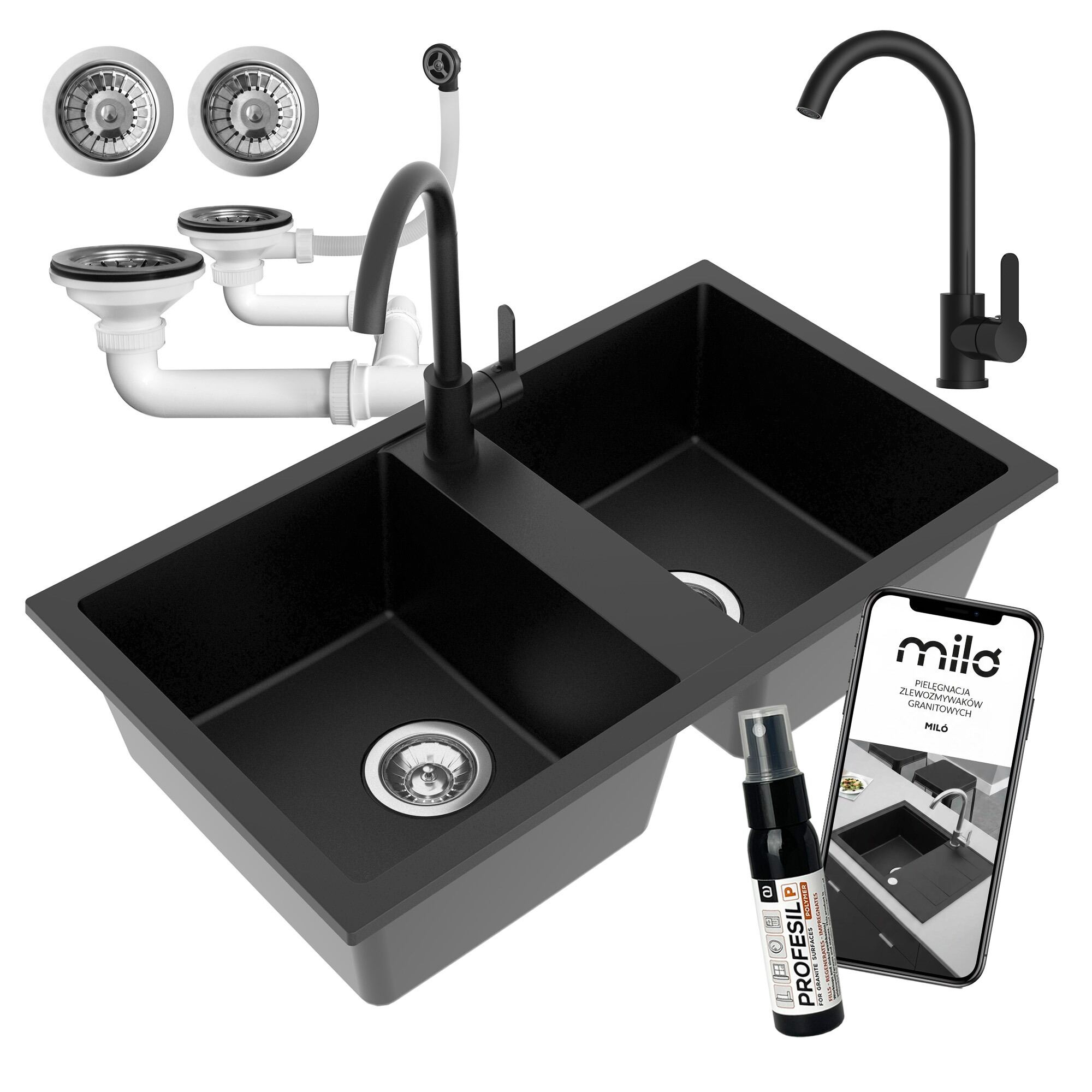 Zlewozmywak dwukomorowy Prado czarny w zestawie z syfonem przyściennym i baterią Evo Select
