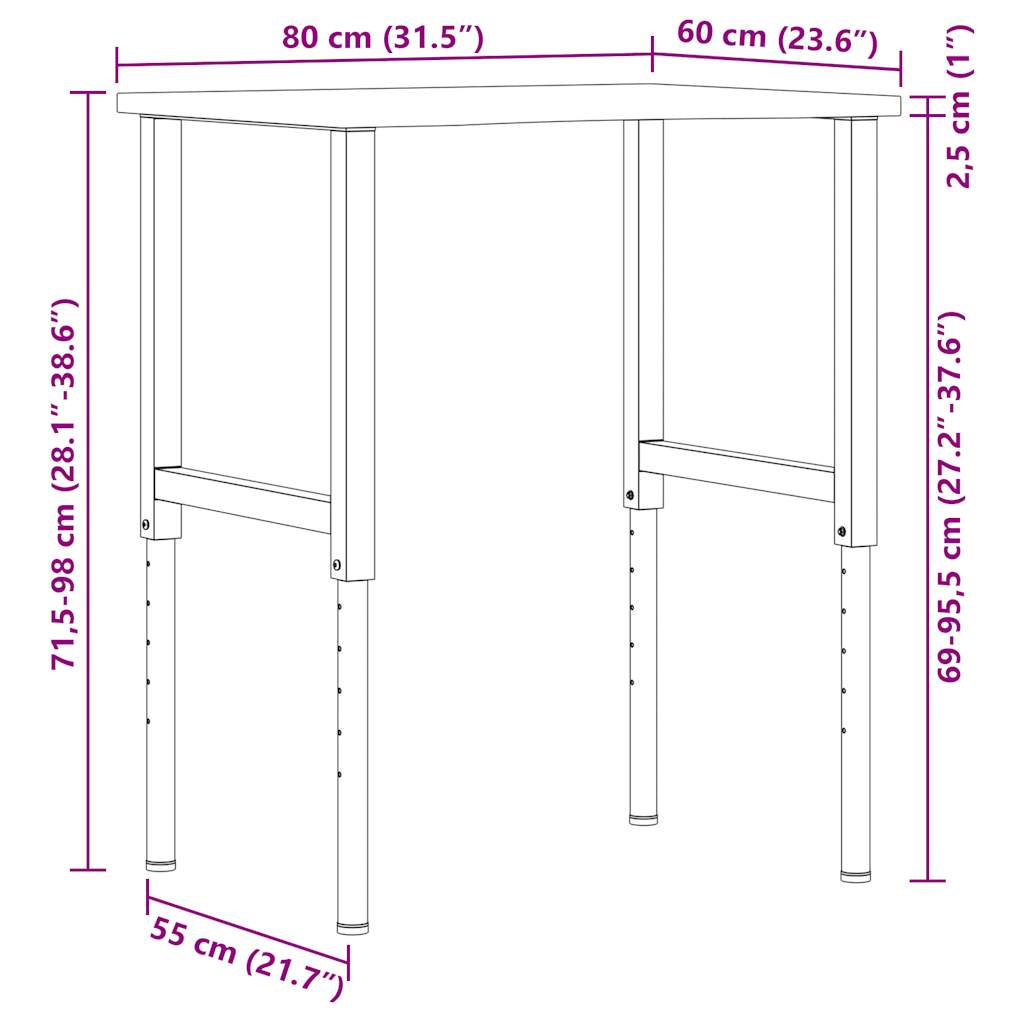 établi marron foncé 80x60x(71,5-98) cm bois de chêne massif - 9