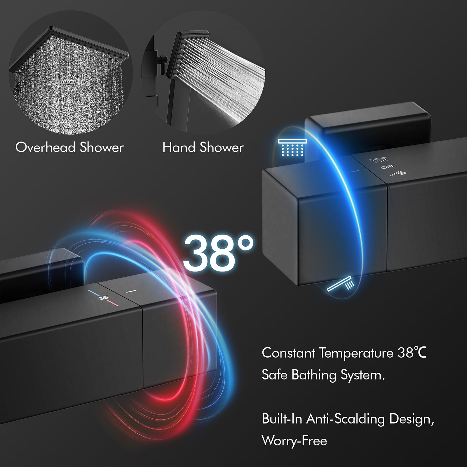 Columna de Ducha Termostática Negra Sin Taladro, Sistema de Ducha Ajustable 855–1105 mm, Cuerpo de Latón, Conjunto de Ducha Mural - 2