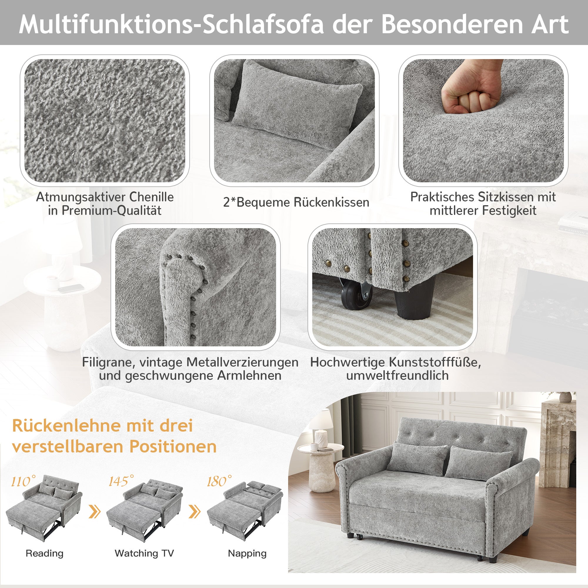 Sofa rozkładana 3 w 1 z odchylanym oparciem (110°/145°/180°) - Tkanina szenilowa - Powierzchnia spania 170 x 98 cm - 2 poduszki - Szary - 6