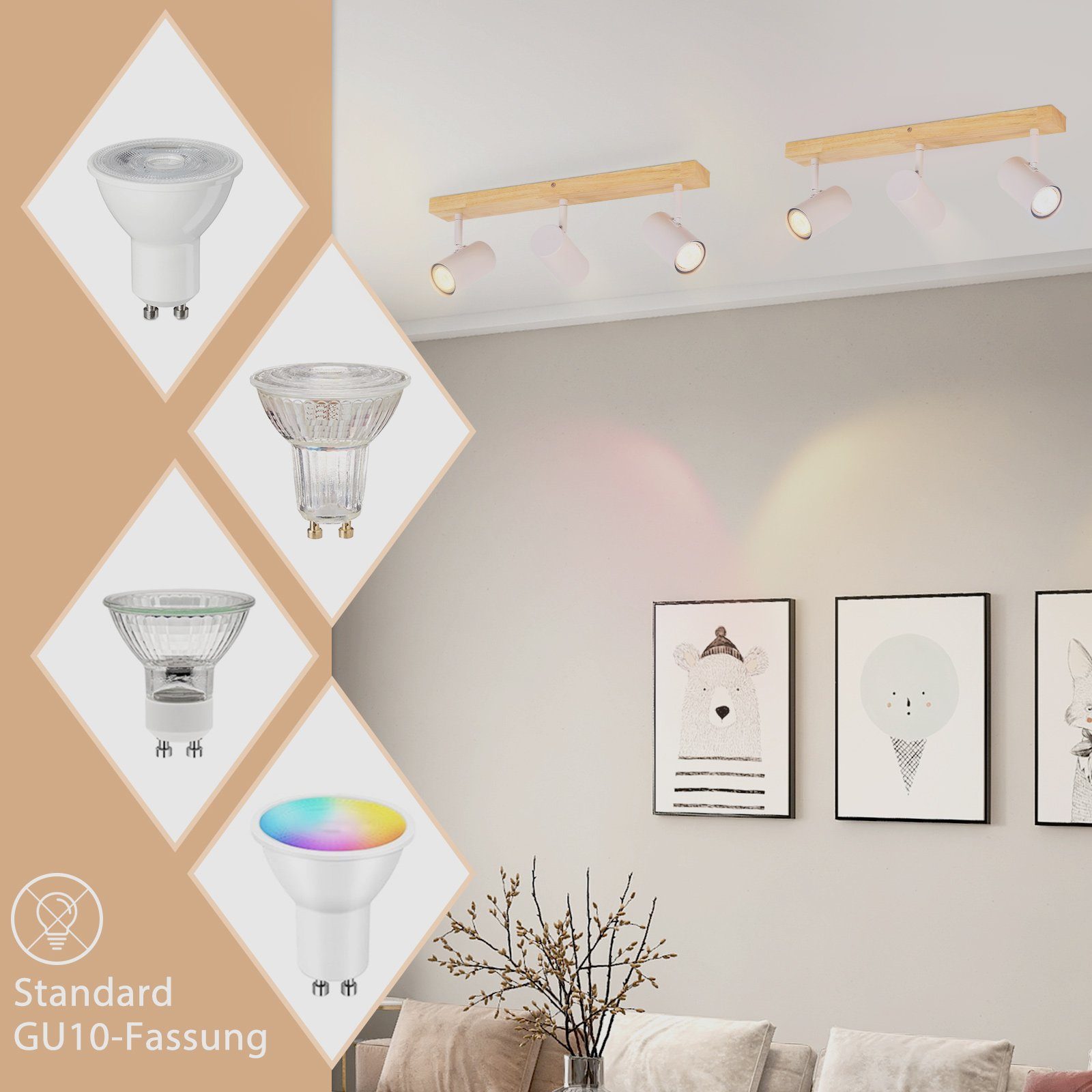 NETTLIFE 3 Focos de Techo Vintage GU10 Modernos de Madera Blanca Giratorios 350° para Dormitorio Salón Oficina Comedor Cocina - 3