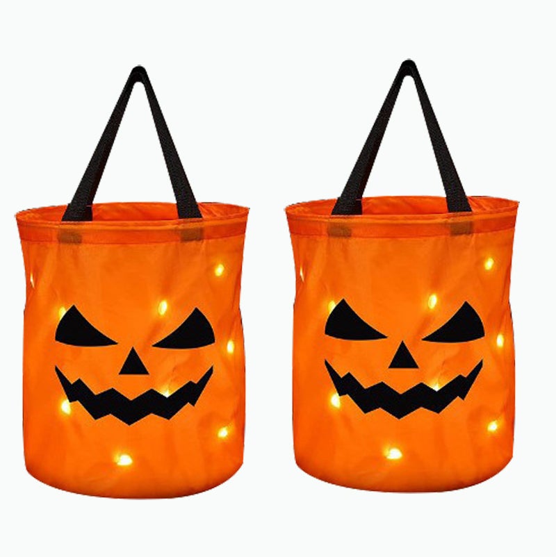 2 szt. Torba na cukierki na Halloween, torba na cukierki na Halloween ze światłem LED, świecąca torba na cukierki w kształcie dyni, 25 x 30 cm