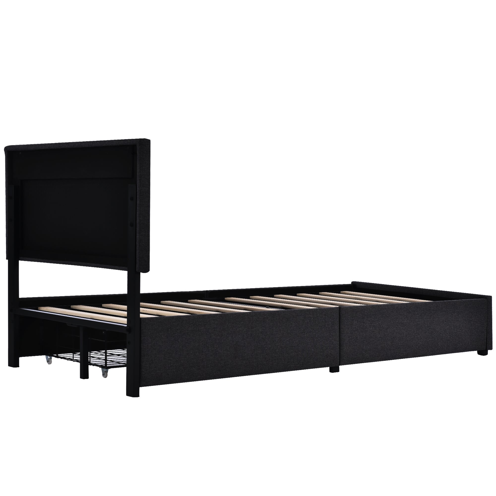 Łóżko 90x200cm z lnu z LED + 2 szuflady + stelaż na listwy - Czarny - 4