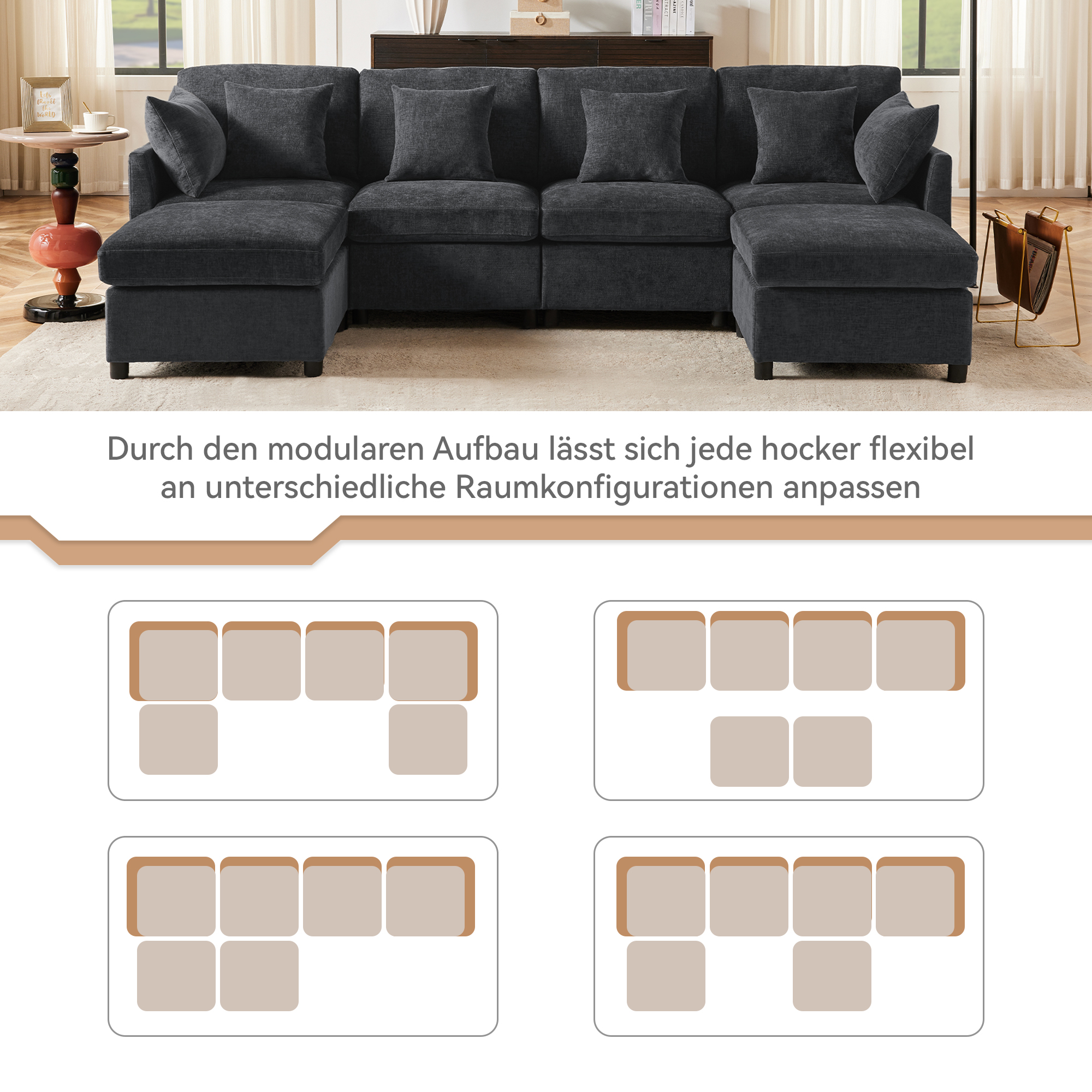 Canapé d'Angle Modulaire 6 Places avec Pouf Amovible , Canapé Moderne en Tissu Chenille Gris - 7