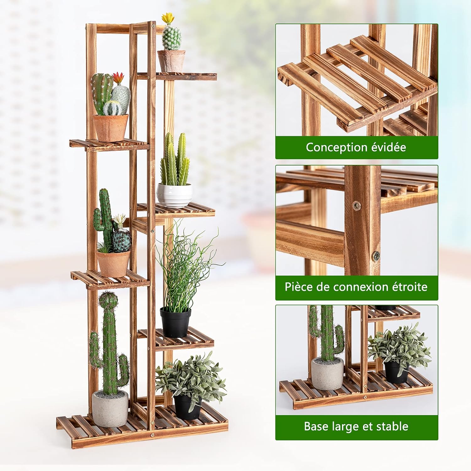 Étagère pour Fleurs en Bambou 6 Niveaux Autoportante 7 Pots Naturel - 4