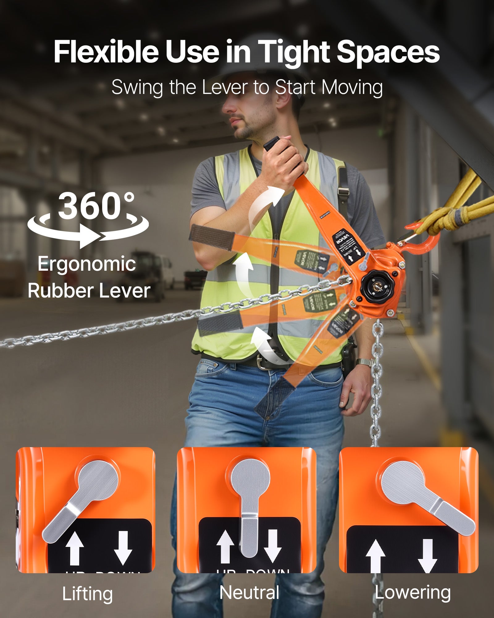 Talha de Corrente Manual com Alavanca VEVOR 3 t, Corrente Aço Liga G80 3 m, Freio Duplo Catraca, Ganchos 360°, Armazéns Obras Garagens - 6