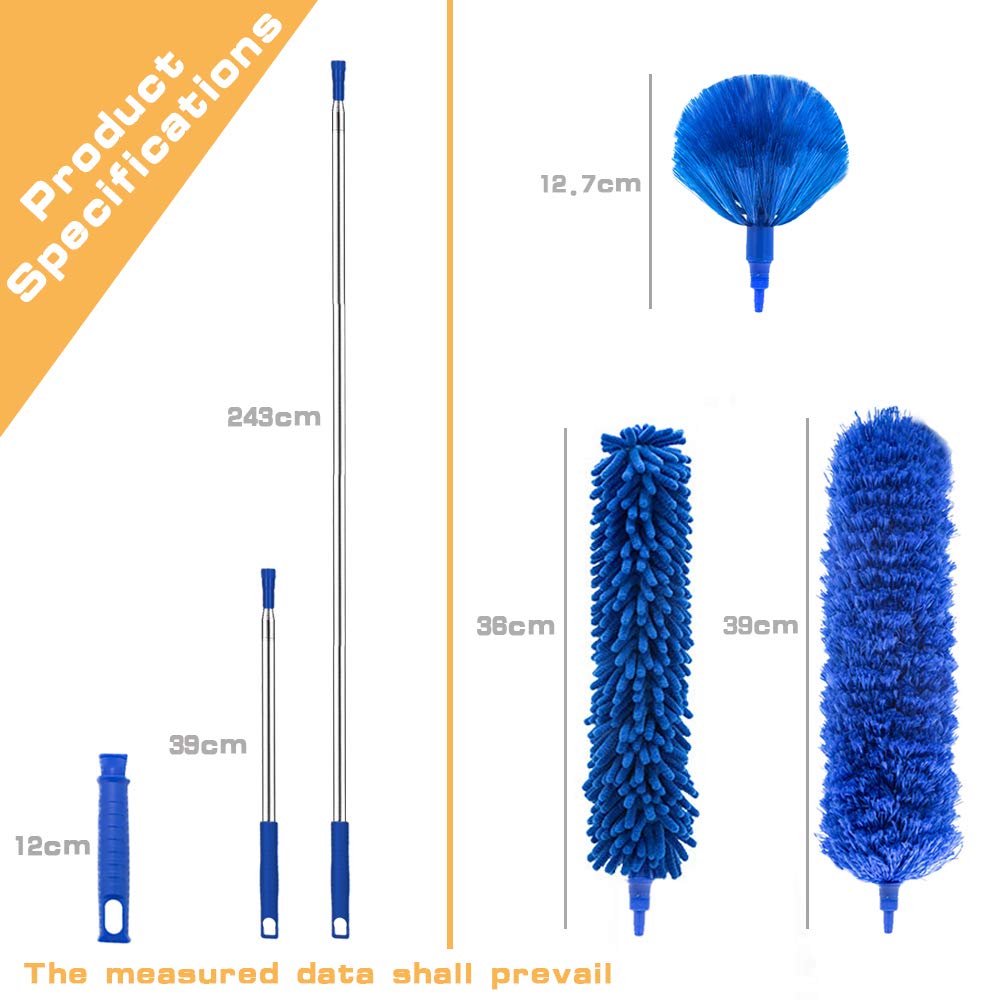 Kit de nettoyage pour plumeau avec manche télescopique extensible à 100 pouces, chiffons à poussière réutilisables et pliables, chiffons légers - 2