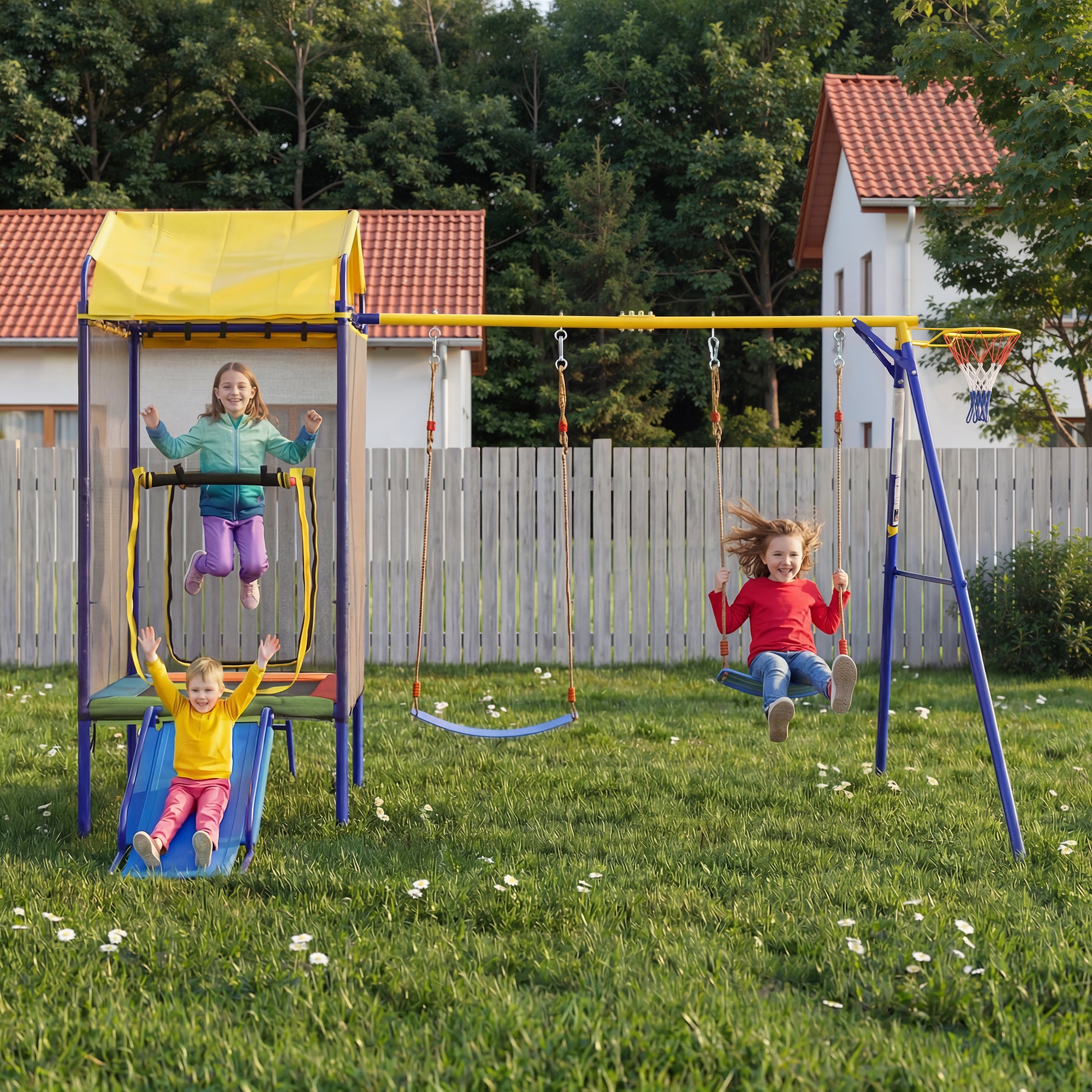Zestaw huśtawek 3 w 1 z koszem do koszykówki i trampoliną, zjeżdżalnia dla dzieci w wieku 3-8 lat - 336 x 217 x 238 cm - żelazo - wielokolorowy