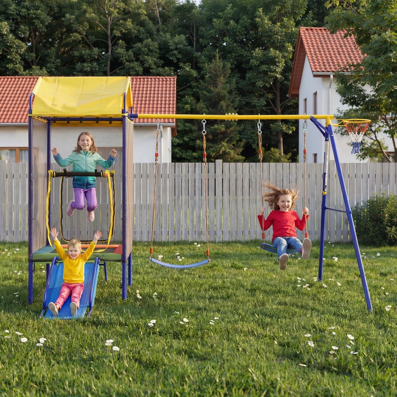 Zestaw huśtawek 3 w 1 z koszem do koszykówki i trampoliną, zjeżdżalnia dla dzieci w wieku 3-8 lat - 336 x 217 x 238 cm - żelazo - wielokolorowy