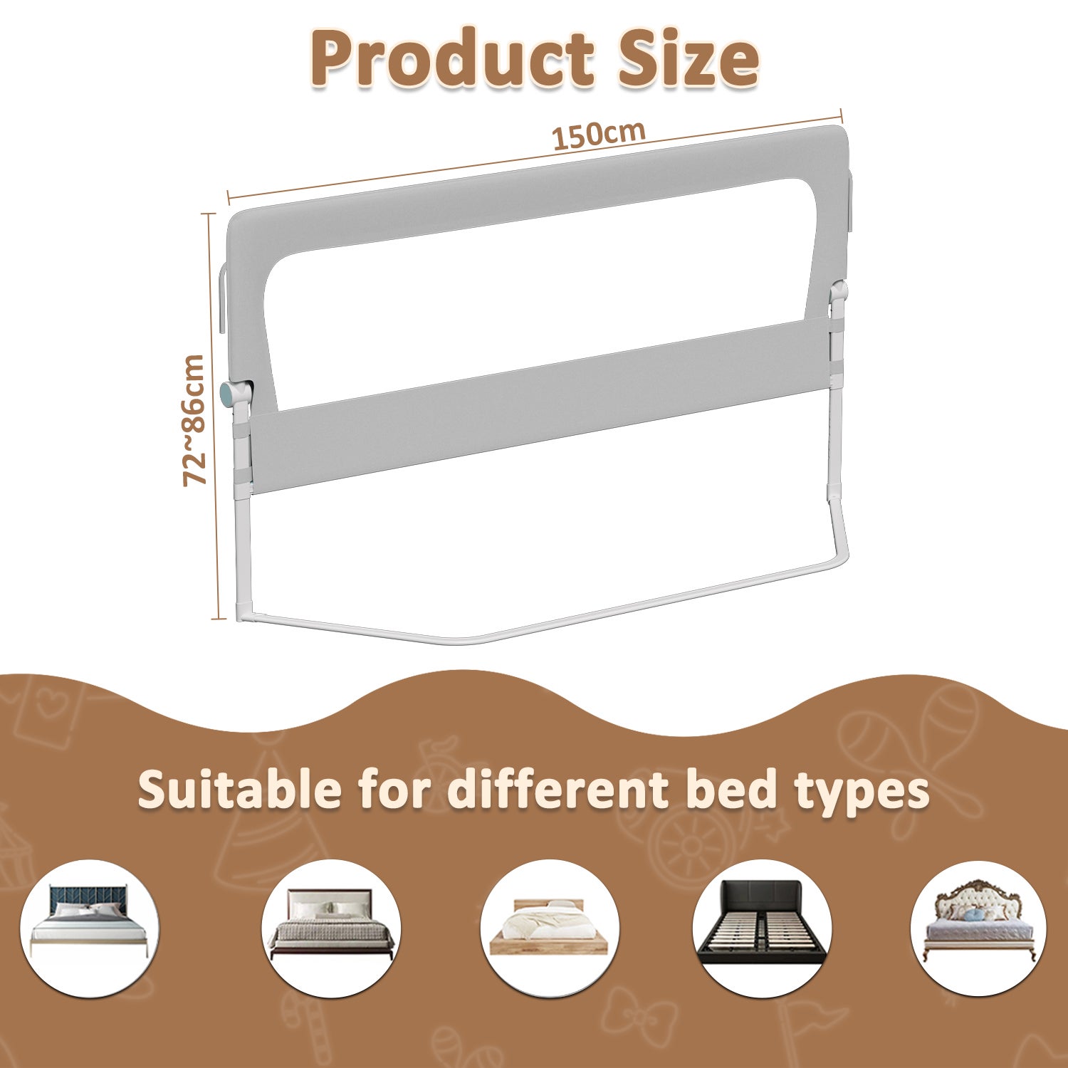 Barrière De Lit Bébé FIVMEN 150cm - Réglable Hauteur 72-86cm - Pliable 180° - Gris - Sécurité Anti-chute
