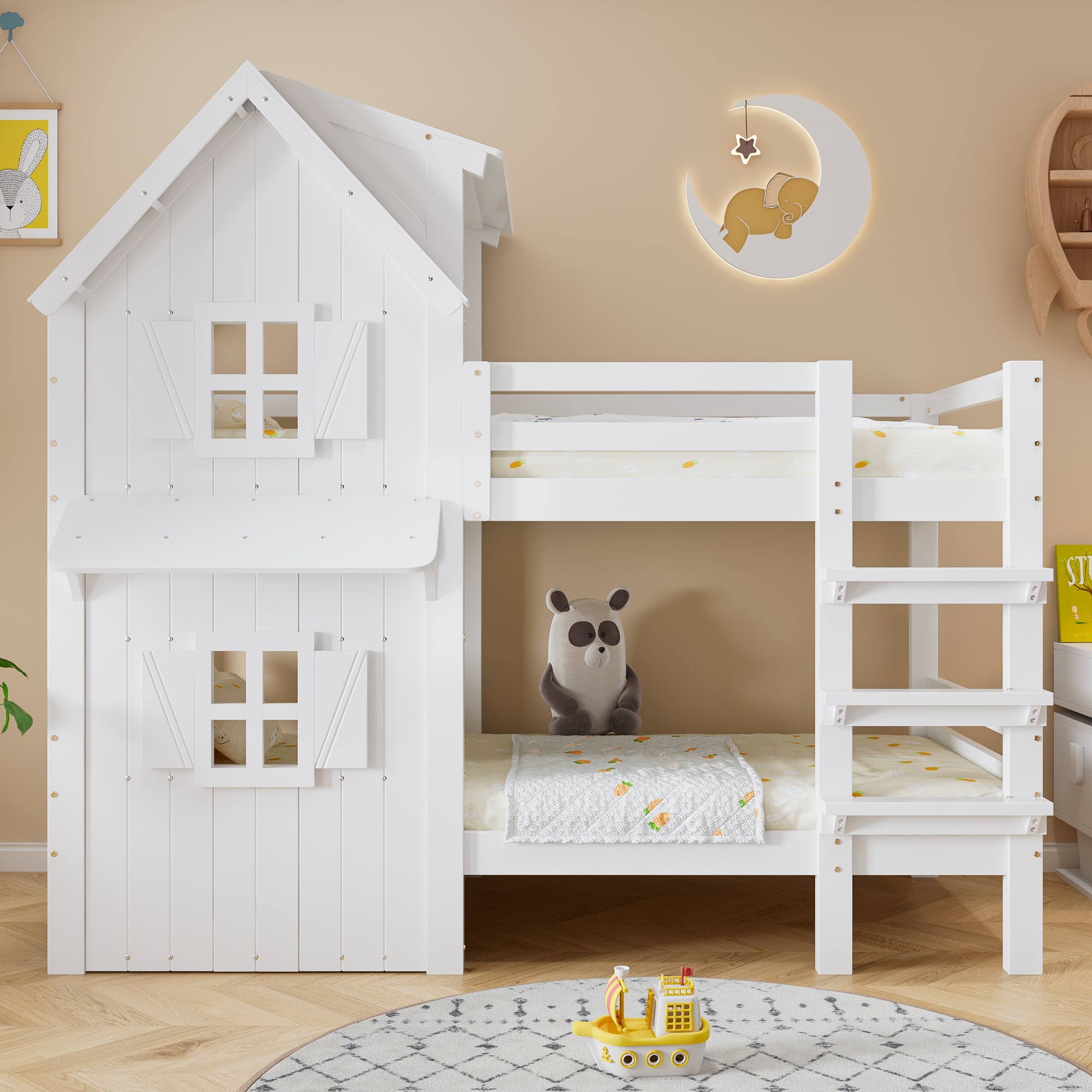 Łóżka piętrowe dziecięce 90x200 cm - z ładnymi oknami i dachem - z drabiną 3-stopniową - drewno lite + MDF + sklejka - Biały