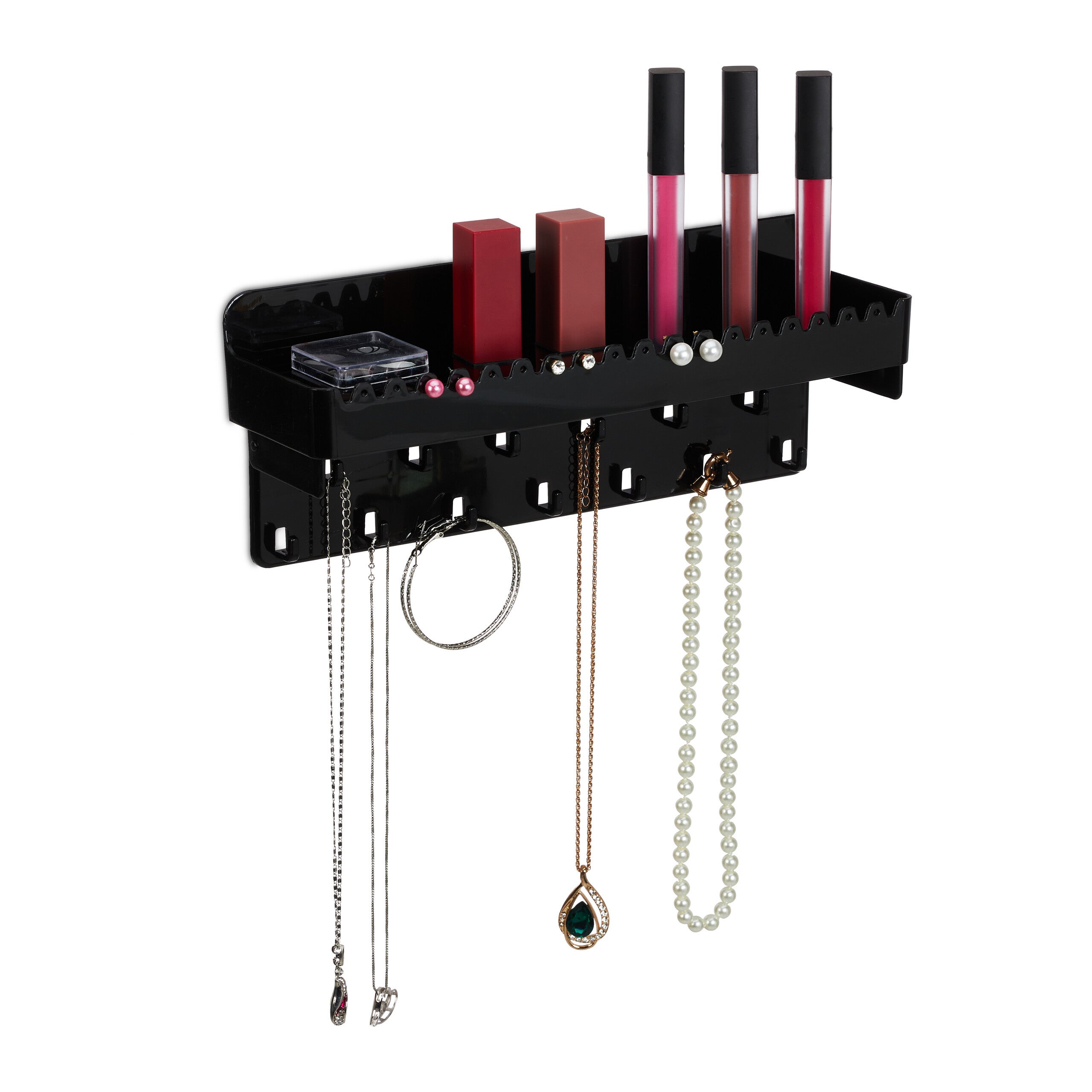 Relaxdays - Organizador Joyas Pared Transparente | 12x30x8 Cm | Ganchos Y Estante