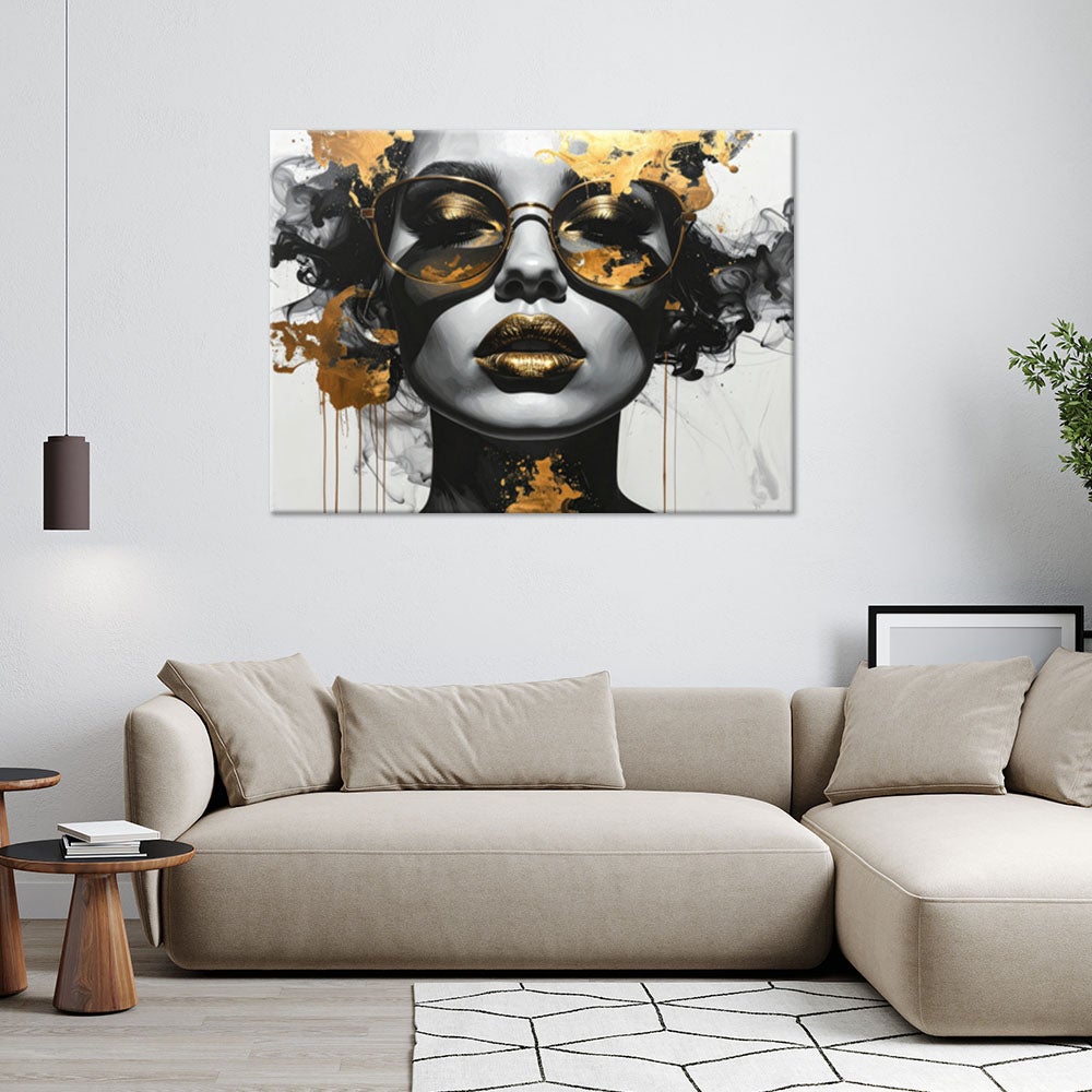 Obraz na płótnie do salonu sypialni, Kobieta Glamour Portret Czarno Biały Złoty 90x60 - 2