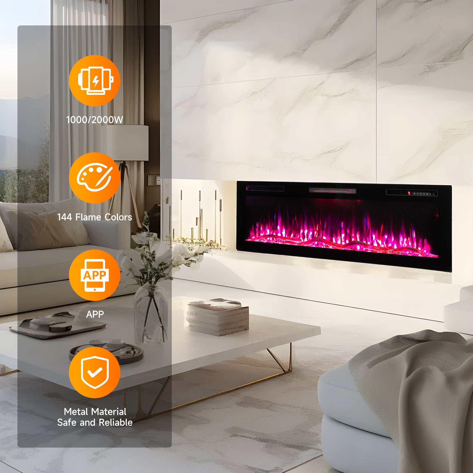 HOMAVO 50'' Cheminée Électrique, 1000/2000W, Flamme 3D, APP Contrôle, Pose Murale / Encastrable, Minuterie, Sécutité Surchauffe - 2
