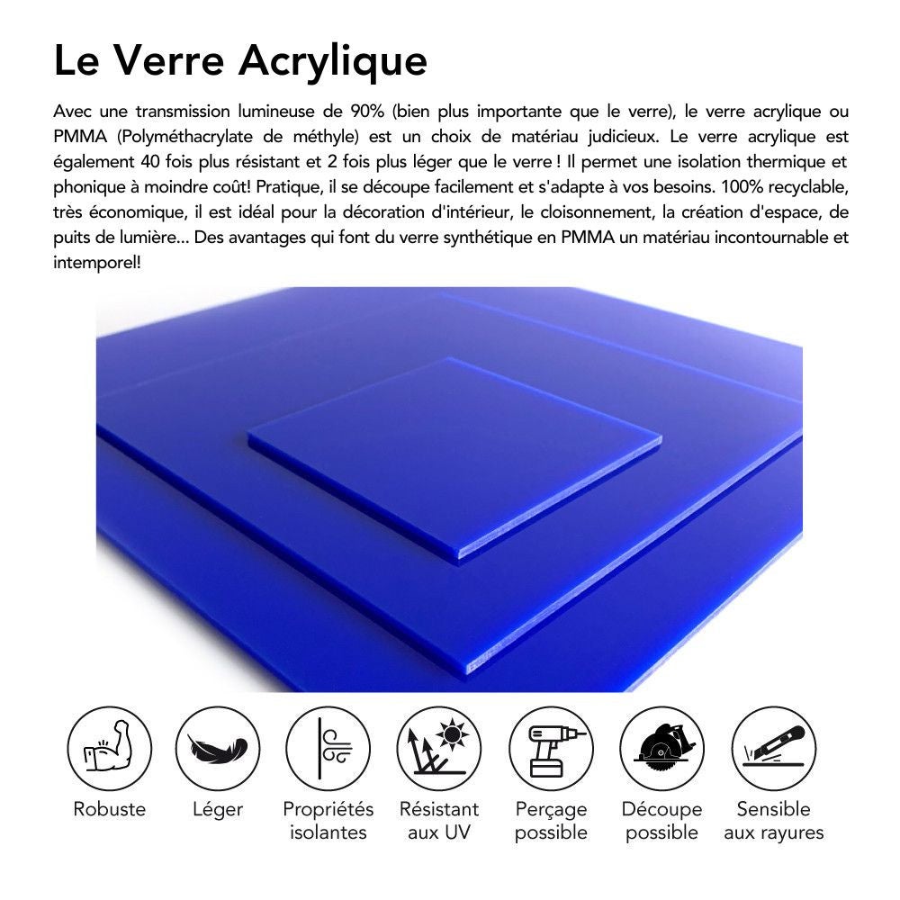 Plaque verre acrylique bleu 3 mm - 60 x 110 cm (600 x 1100 mm) - Verre synthétique - Plaque PMMA XT - 4