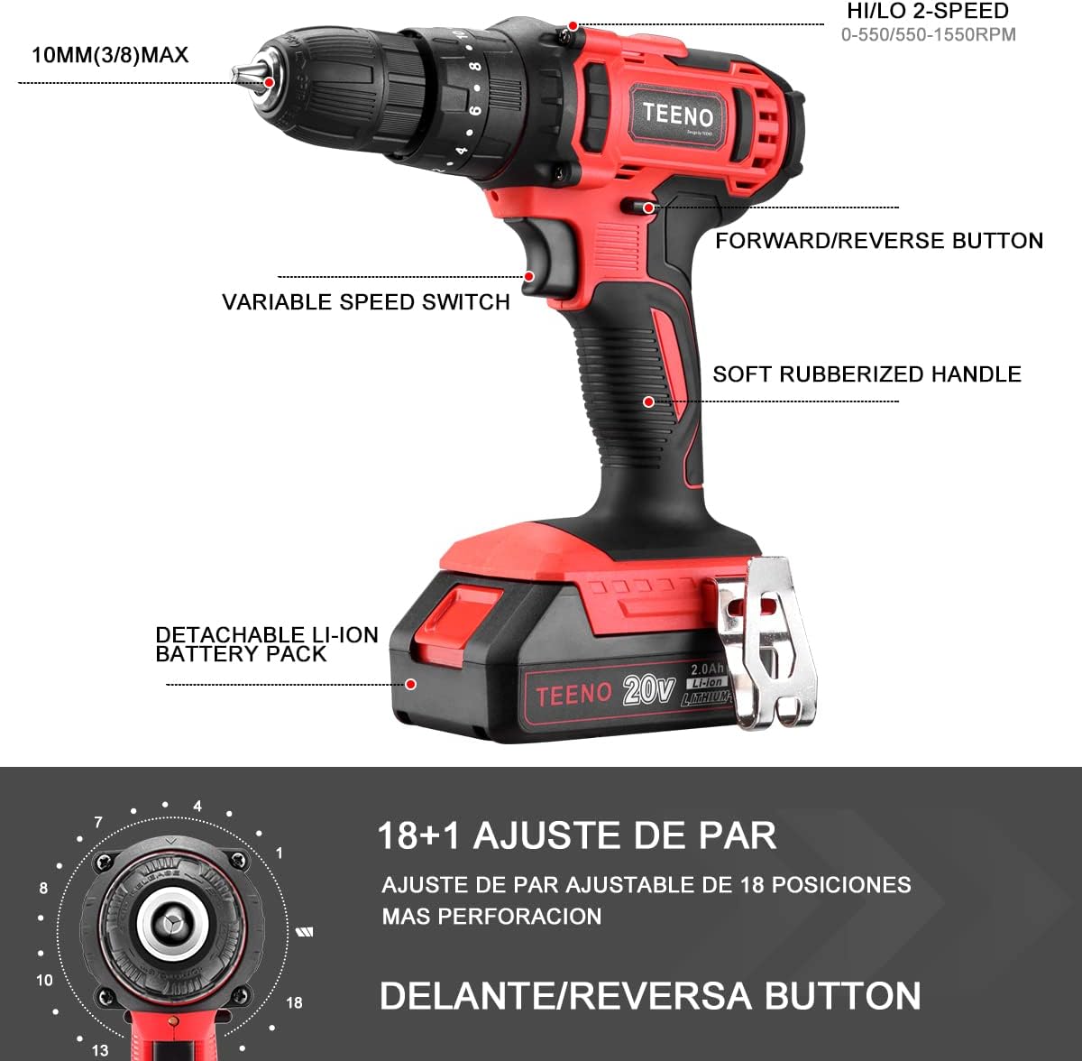 Teeno Perceuse visseuse à percussion sans fil PSR 20V, 2 Vitesses, 2Ah batteries - 4