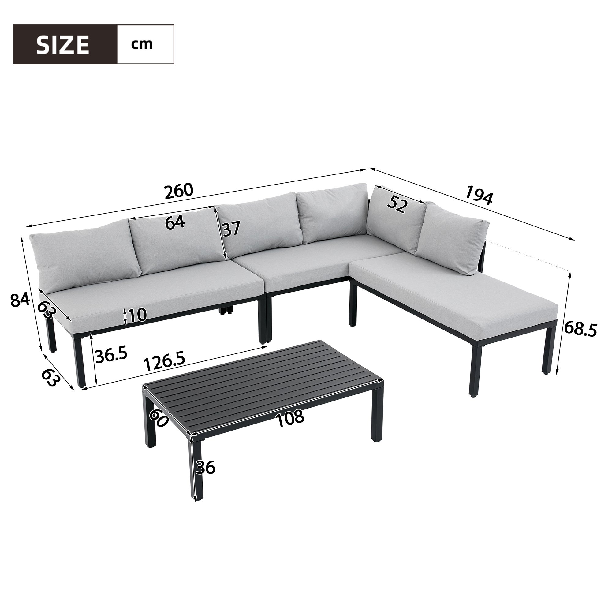 Salon de jardin modulable 6 places en acier galvanisé : canapé d'angle + méridienne + table basse rectanguleire - Gris - 4