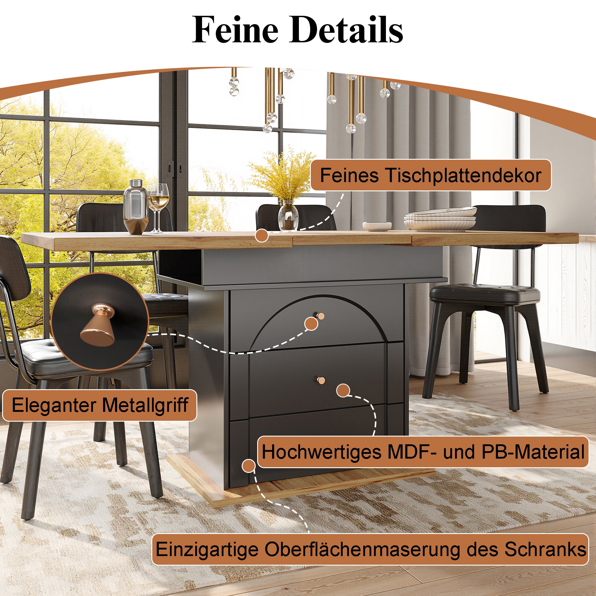 Rozkładany stół jadalny dla 4-6 osób z 1 drzwiami i 2 szufladami - 110/140 x 80 x 75 cm - MDF - Czarny + naturalny - 8