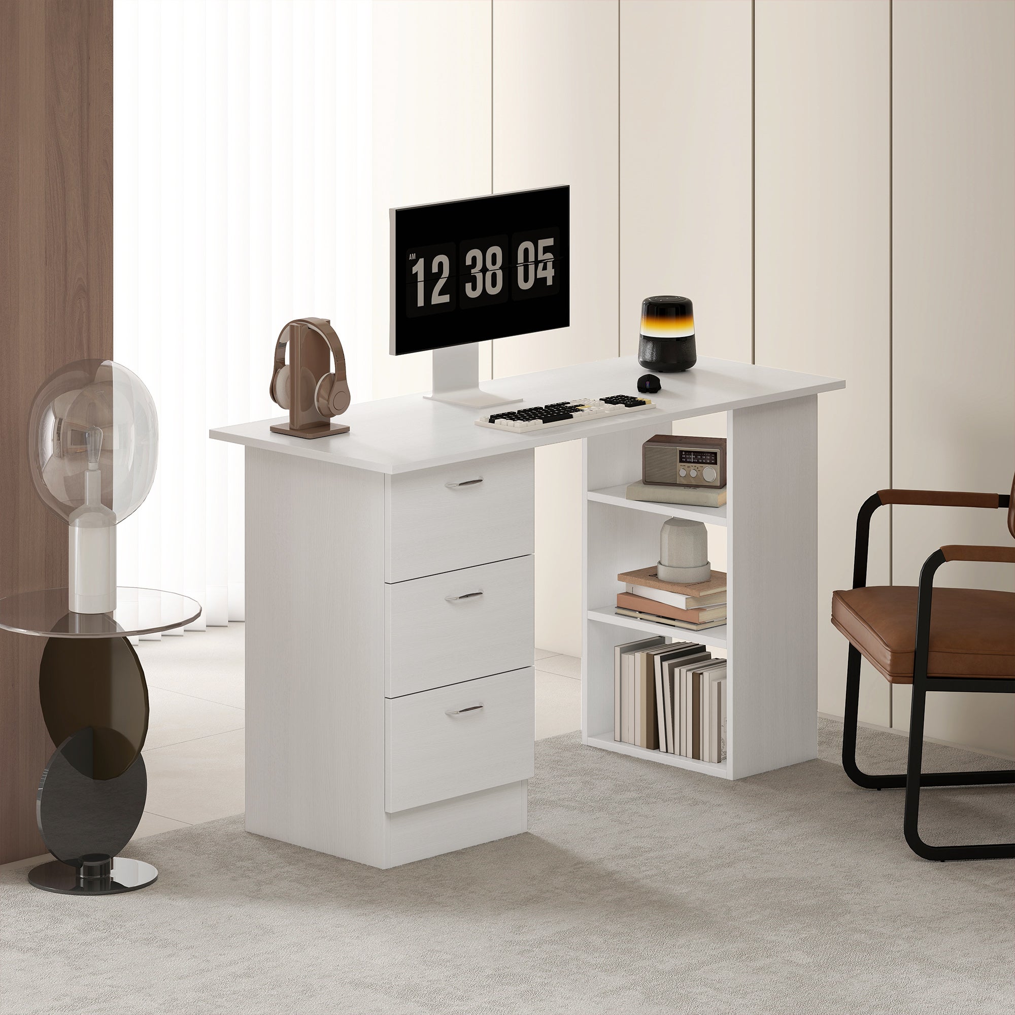 Bureau avec rangement, table informatique 120 x 50 cm, bureau d'ordinateur avec étagères et tiroirs, pour petits espaces, chambre à coucher, blanc - 10