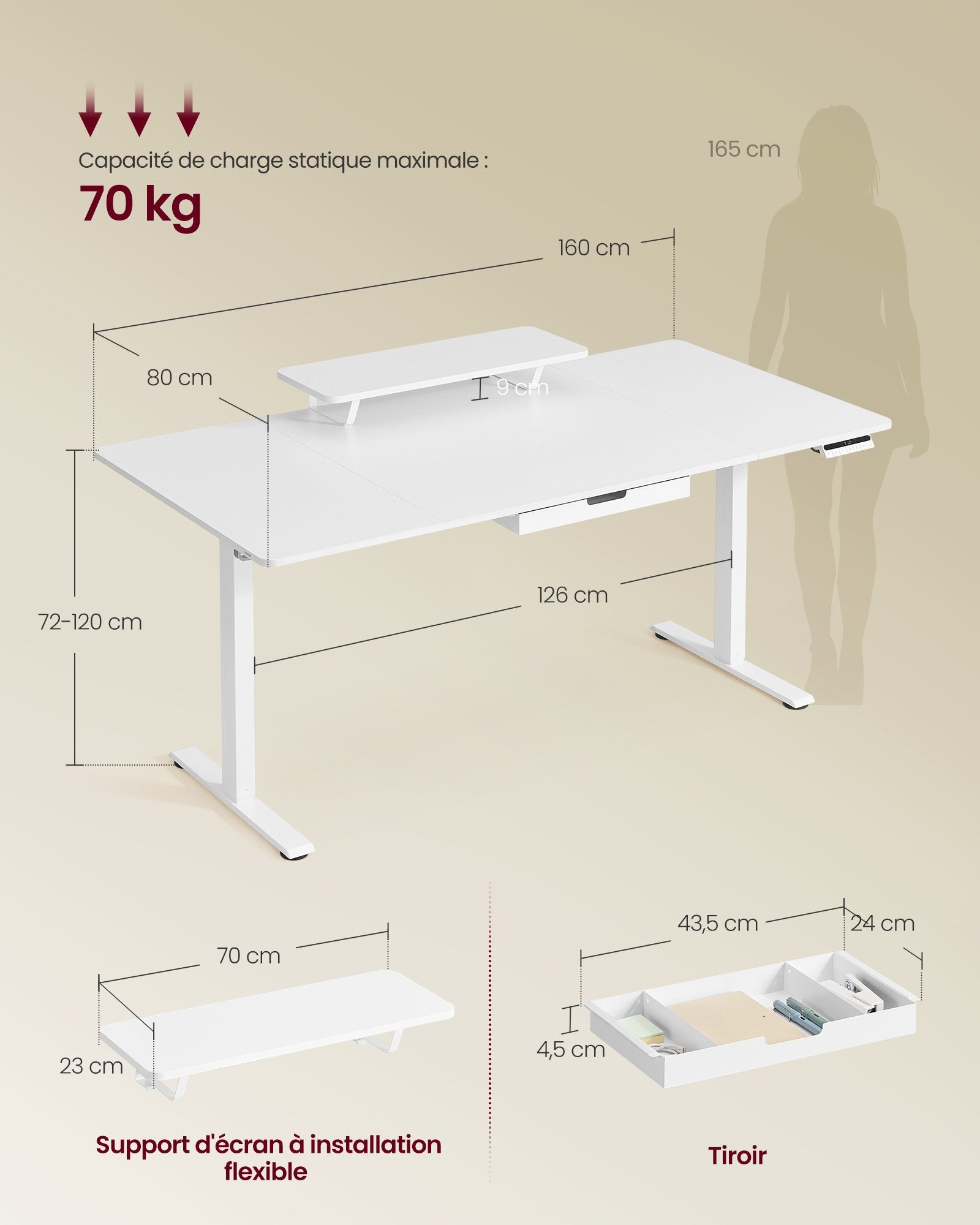 Bureau Électrique Réglable en Hauteur, 160 x 80 cm, Support d'Écran à Montage Flexible, Tiroir, Port USB-C, Rappel de Sédentarité, Blanc Nuage - 4