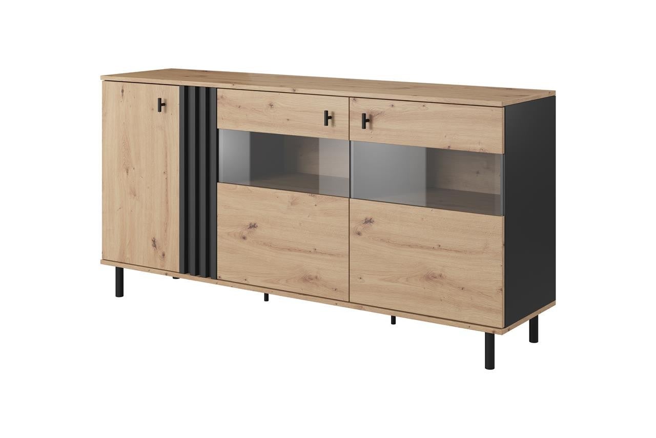 Elegancka komoda Madis 165 z witryną – Dąb artisan + czarny antracyt z LED