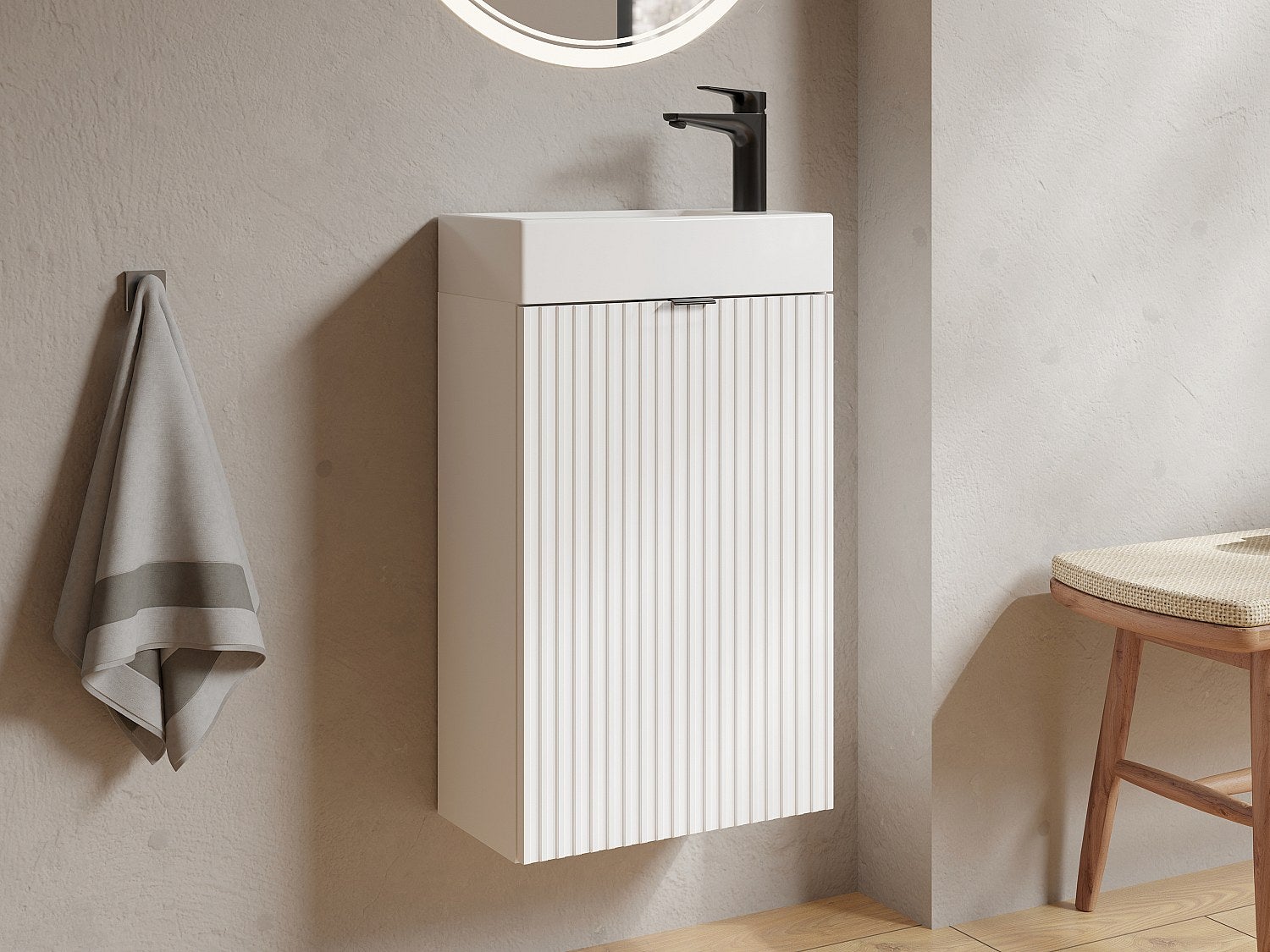 Szafka pod umywalkę ryflowana biała z dwustronnymi drzwiczkami - wys. 60 x szer. 40 x gł. 22 cm - VAHIRA