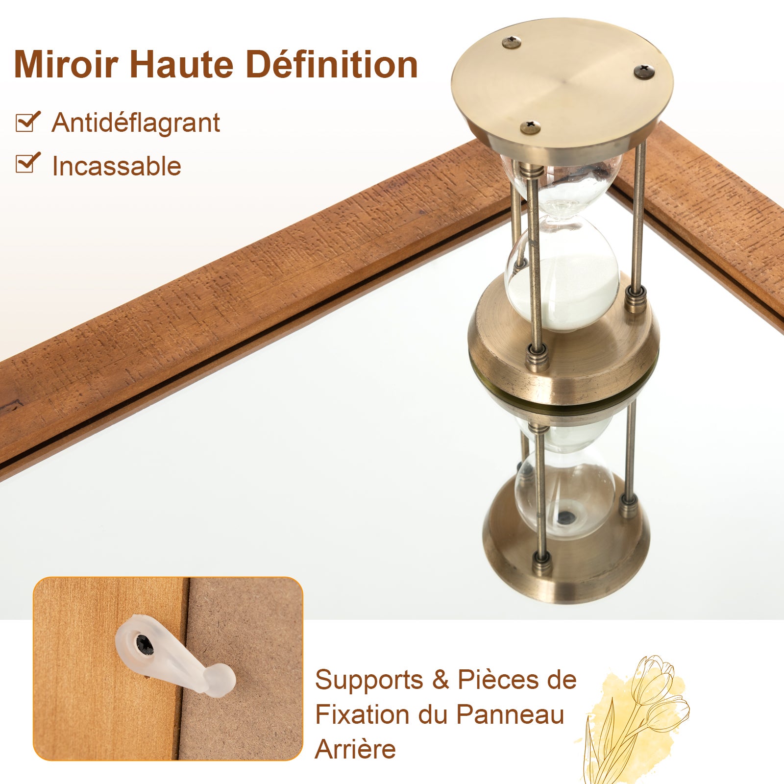 Miroir Mural Rectangulaire 100 X 66CM, Cadre en Bois Massif, Style Porte de Grange, Support en Métal, Réflexion HD, Grand Miroir Mural Rustique,Marron - 5