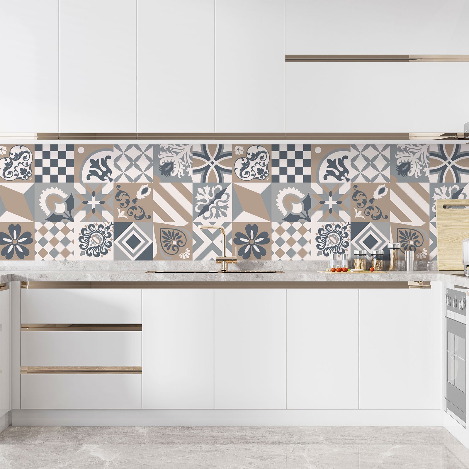 Crédence adhésive sticker décoratif pour cuisine - Effet carreaux de ciment - Adhésif BRILLANT - 60x120 cm - 3