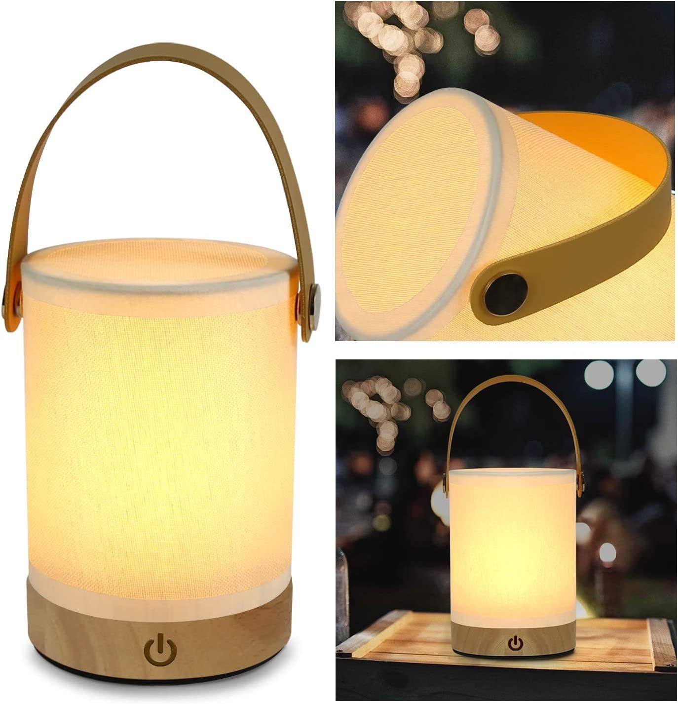 NETTLIFE Lampa stołowa LED Touch, przenośna bezprzewodowa lampa z abażurem z tkaniny drewnianej z funkcją ściemniania