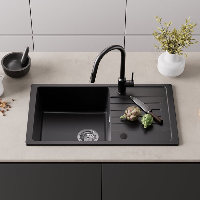 Cecipa max Evier 1 Bac en Quartz et Résine - Evier à encastrer avec Egouttoir - 78x45cm Evier 1 Bac Evier de Cuisine en Granit Noir,EU Modèle
