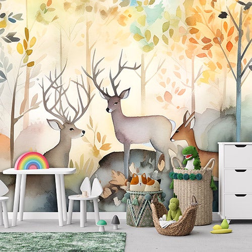 Papier Peint Enfant Forêt Animaux Cerf Intissé Panoramique 300x210 cm - Colle Inclus - Chambre Enfant - Moderne Trompe l'oeil - 2