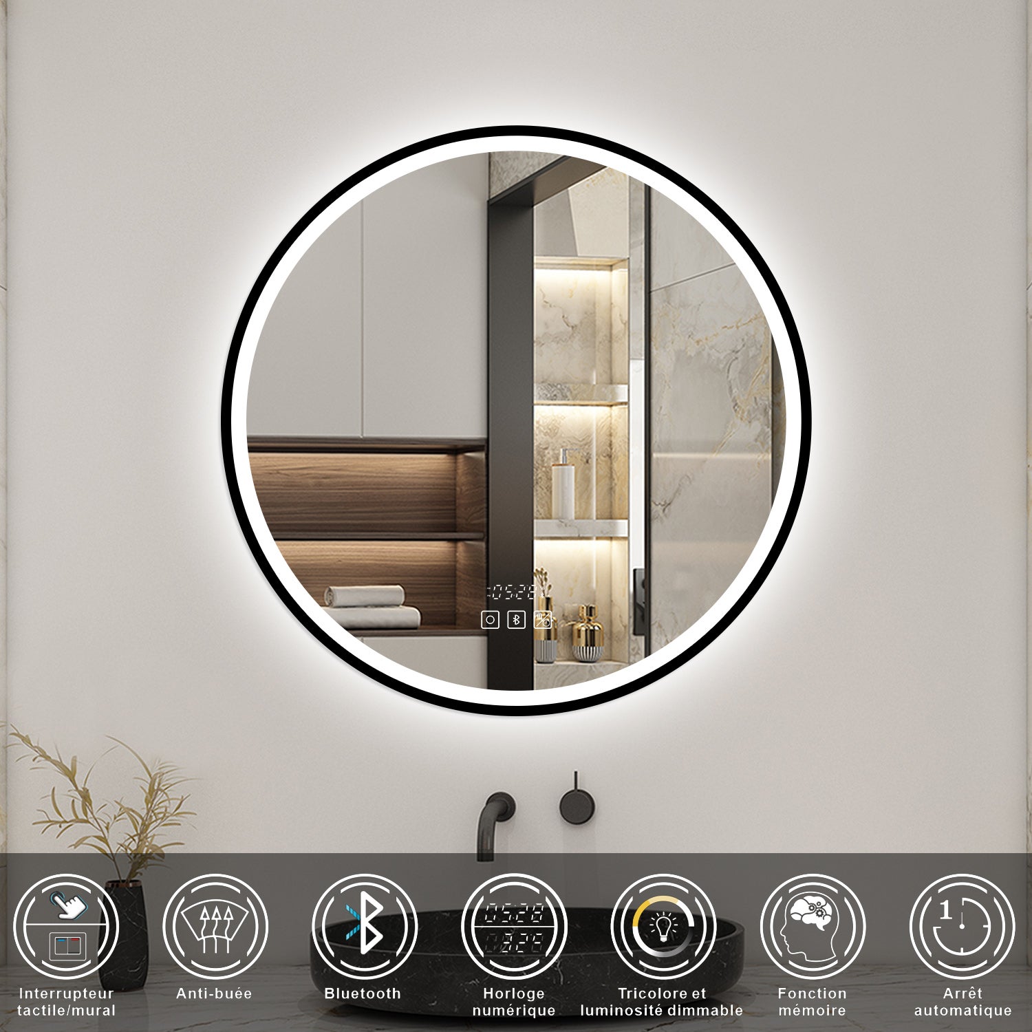 Aica Miroir lumineux de salle de bain Bluetooth Rond 90cm Avec Horloge + 3 Couleurs + Dimmable + Anti-Buée, Noir Cadre Non-Métallique - 2