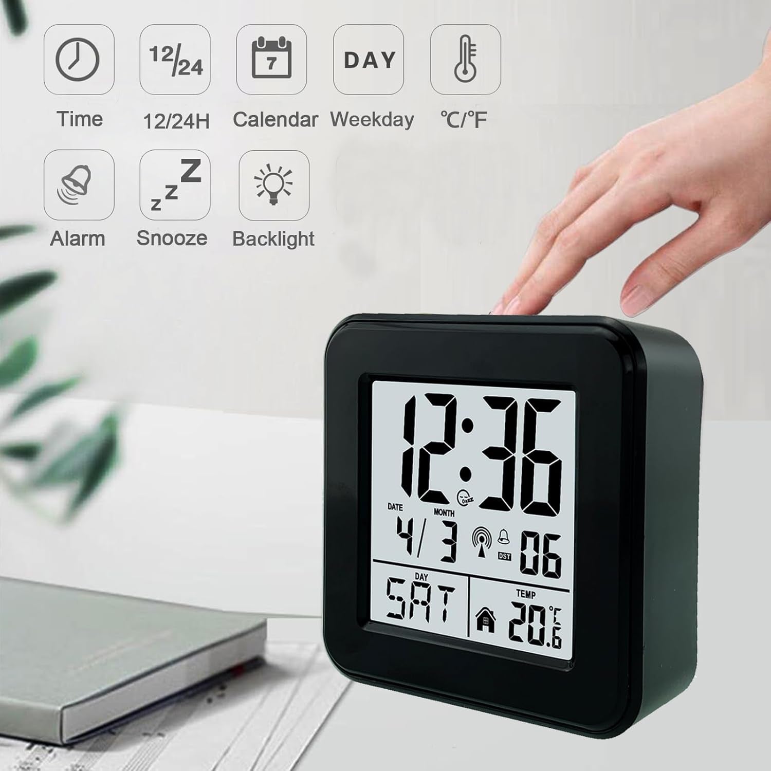 Sveglia atomica digitale con ora precisa radiocontrollata, temperatura, data e snooze, perfetta per camera, stanza bimbi e home office – blu - 3