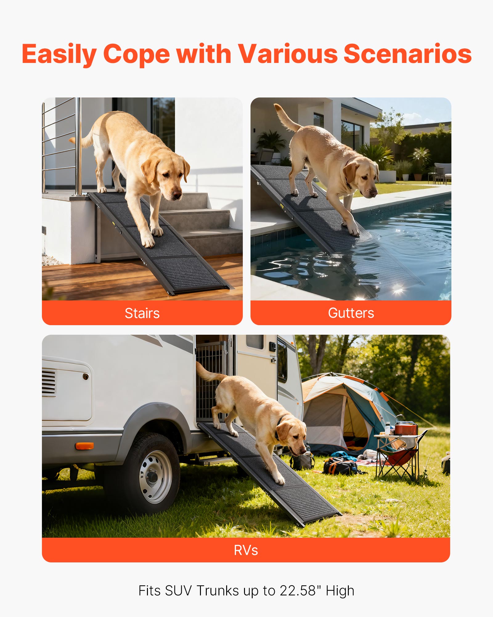 Rampa para perro VEVOR, plástico, 160x43,2 cm, 113 kg, plegable, superficie de fieltro antideslizante, compatible con SUV/camiones, exterior - 4