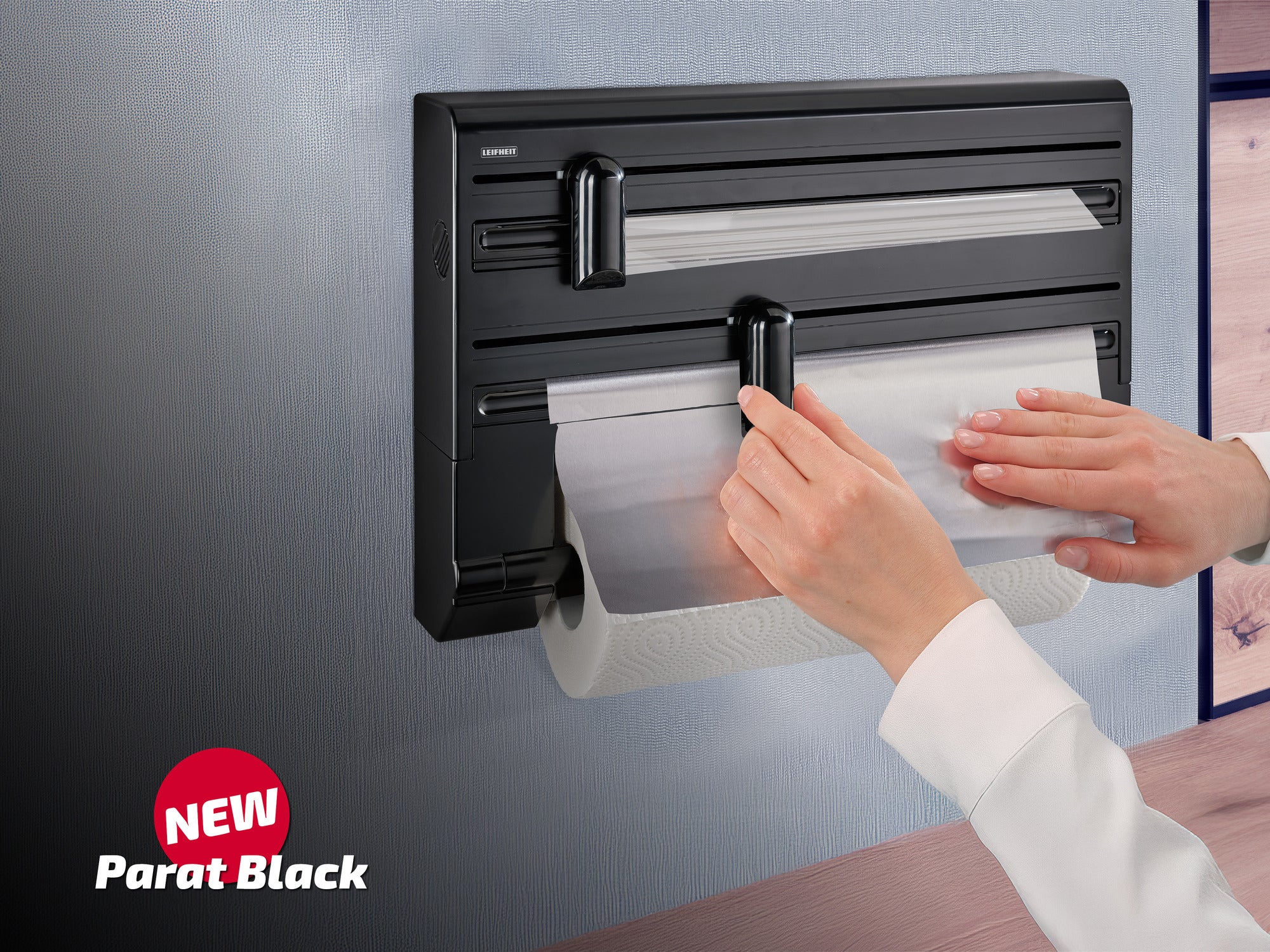 Leifheit dérouleur mural Parat Black 25794, porte-rouleau mural cuisine pour 3 rouleaux avec lames tranchantes, noir - 4