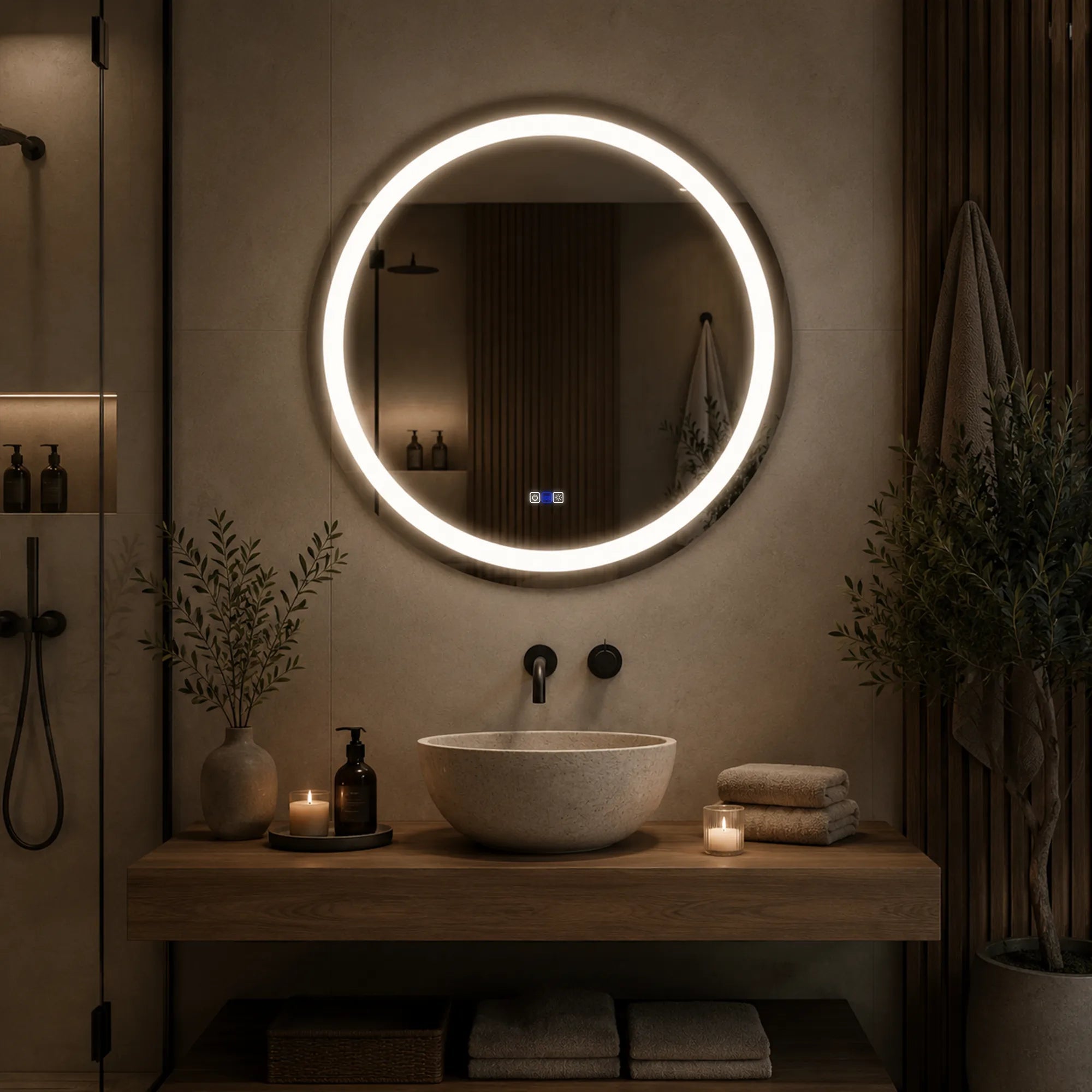 Oglinda LED Rotunda 70 cm Diametru , LED Reglabil 3000K-6000K, Touch, ON/OFF, Dimare, Reglare LED, Functie Dezaburire, Reyze Salono