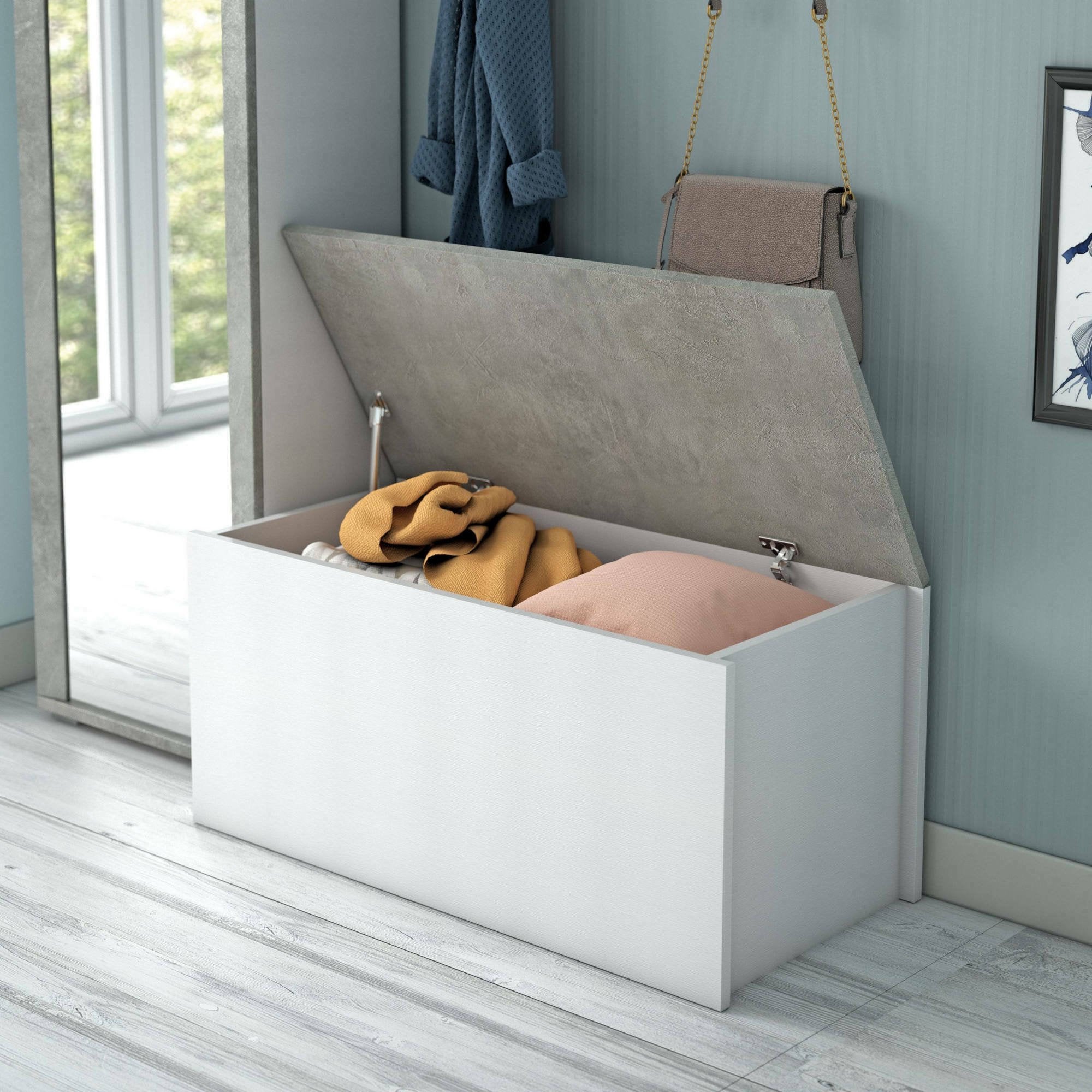 Baule Miltonia, Capiente box contenitore multiuso, Cassapanca moderna, 100% Made in Italy, 90x45h45 cm, Bianco e Cemento - 2