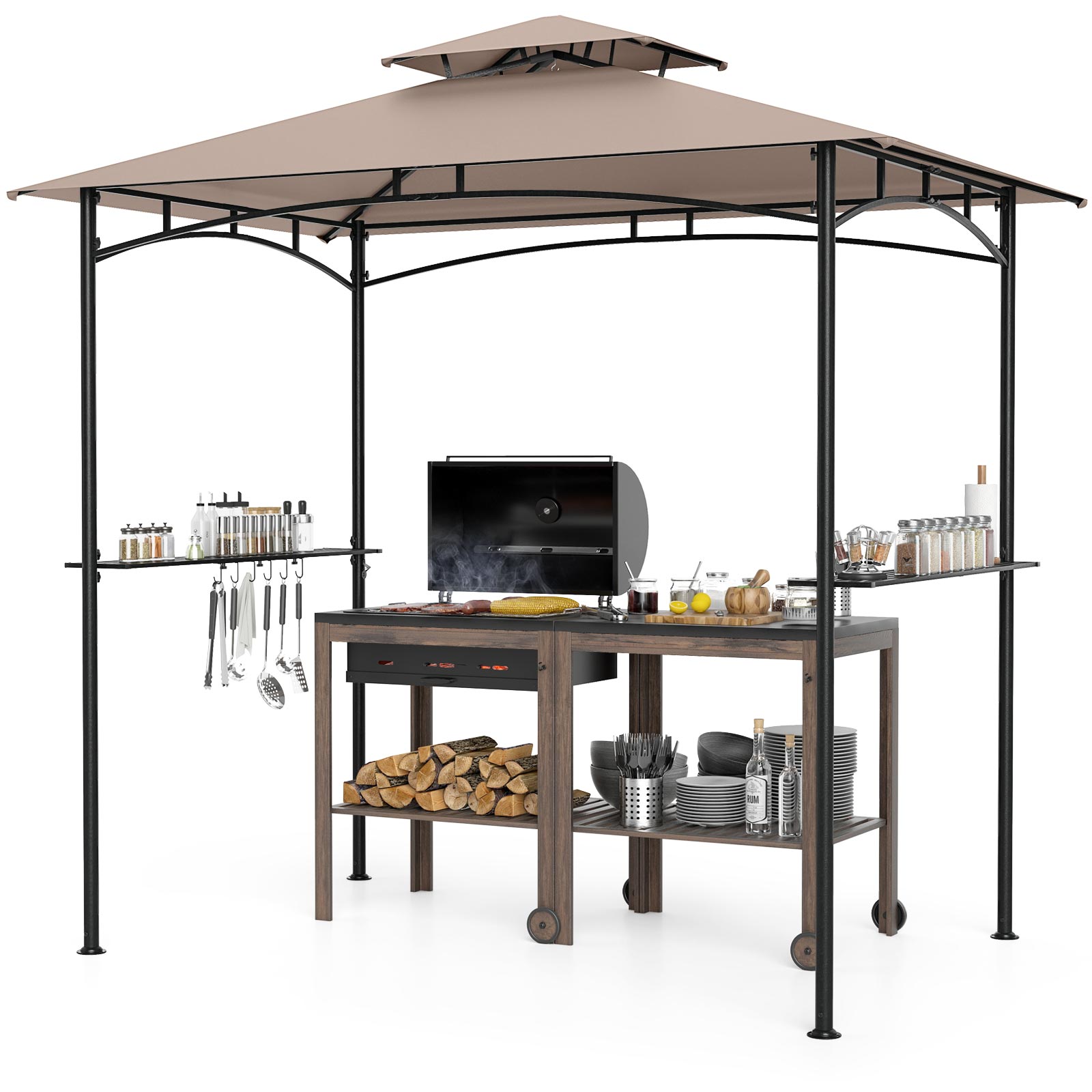 Pavilion pentru grătar 242 x 150 cm cu 2 rafturi laterale, adăpost pentru grătar două niveluri, cadru metalic acoperiș flexibil, 6 cârlige, maro