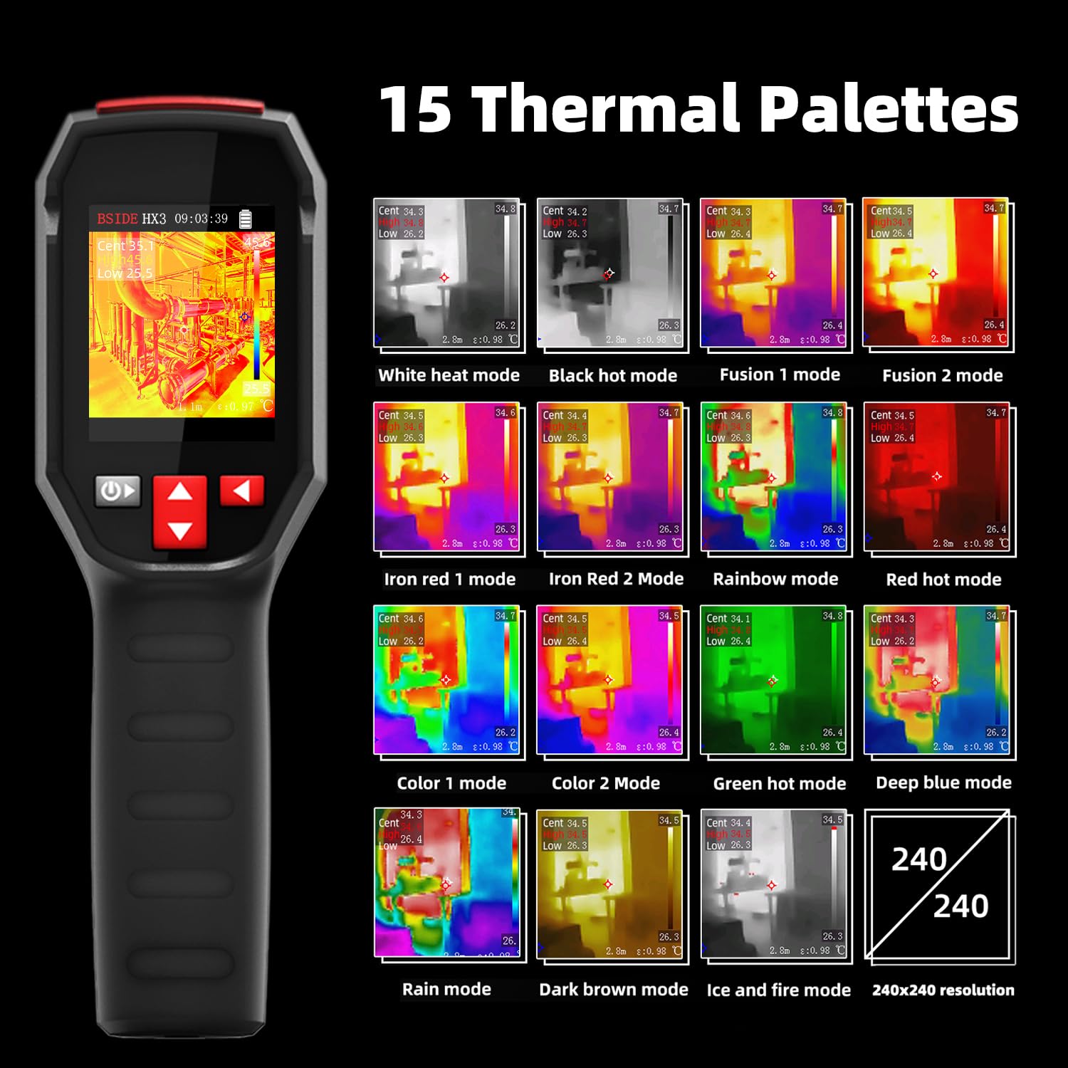 Caméra thermique haute résolution 240x240, 15 palettes de couleurs, plage de température -20~550°C (-4~1022°F), pour fuites d'eau, HVAC, él - 3