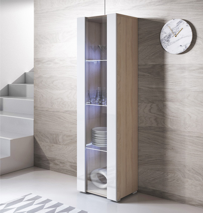 Vitrina con Patas 2cm | Armario | Mueble de Salón | Vitrina de pared | LED | 1 puerta | 40x167x29cm | Modelo Luke V5 | Sonoma mate y Blanco brillo - 2