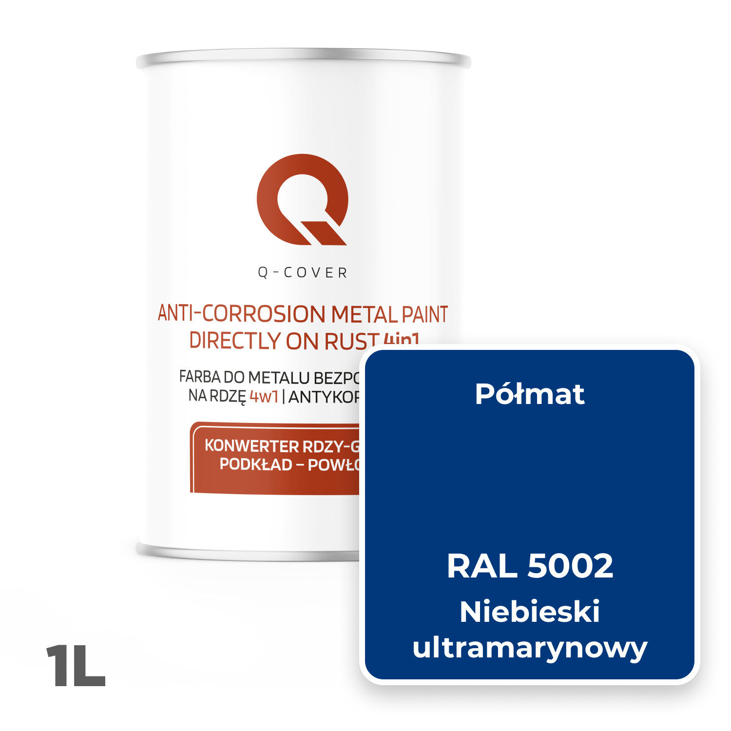 Farba do Metalu Prosto na Rdzę 4w1 Q-Cover Niebieski ultramarynowy RAL5002 Półmat 1L - 2