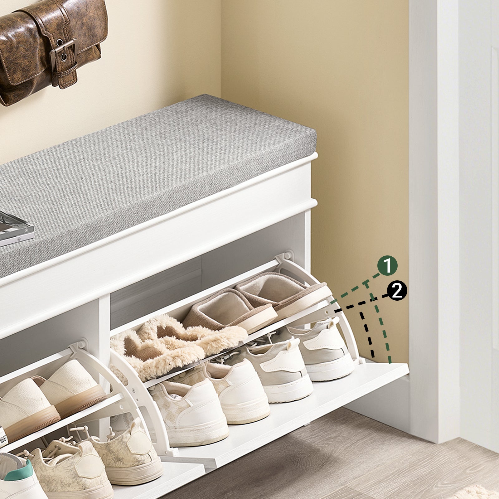 SoBuy Meuble Chaussure Rangement Chaussure Banc Chaussures Entrée - 2 Abattants avec Coussin Amovible, 104x24x51cm, Blanc, FSR64-WG - 5