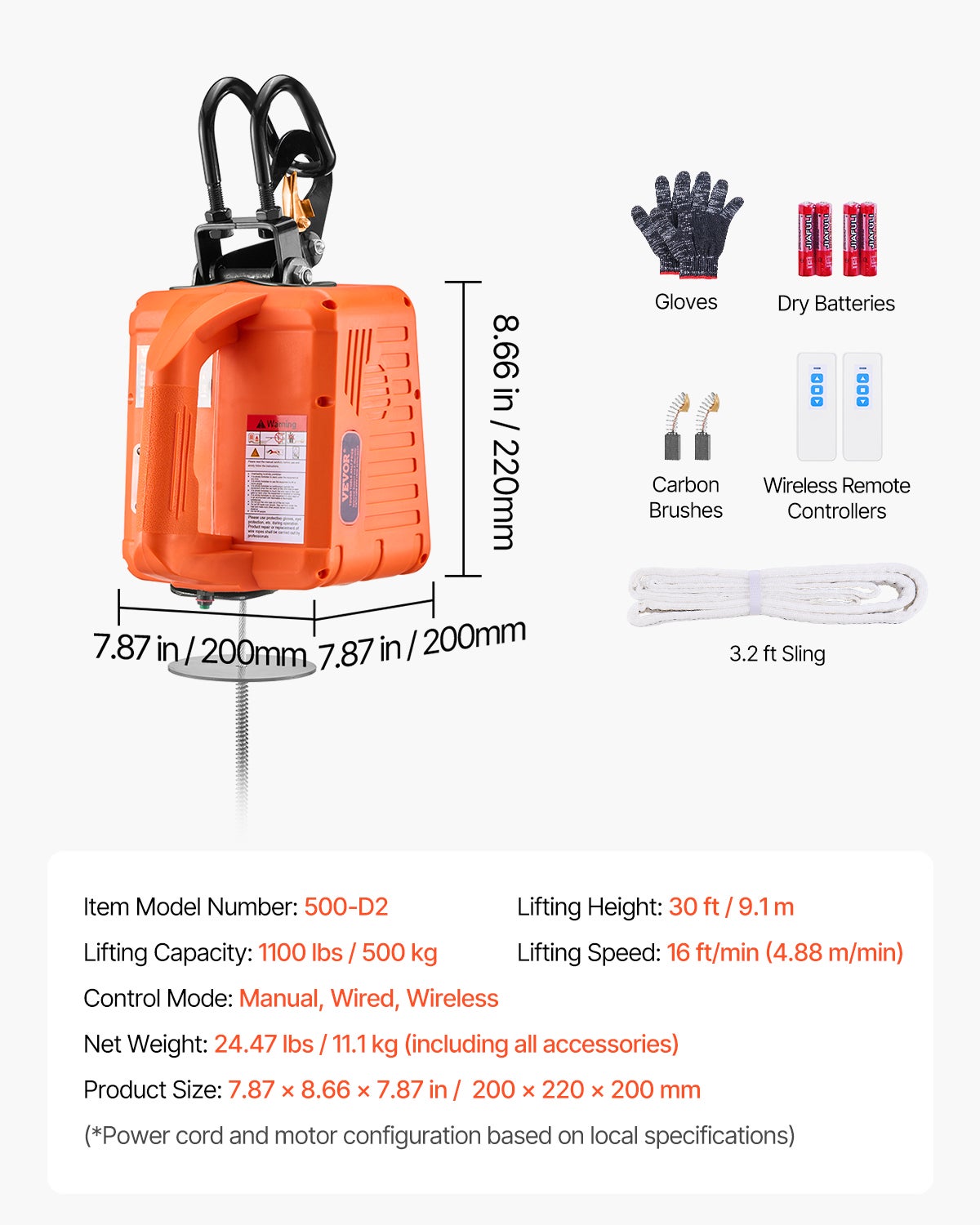 Palan électrique VEVOR 3 en 1,500 kg,treuil portable 1500 W,hauteur 9,1 m,vitesse 4,88 m/min,télécommande,garage,entrepôt,usine - 7