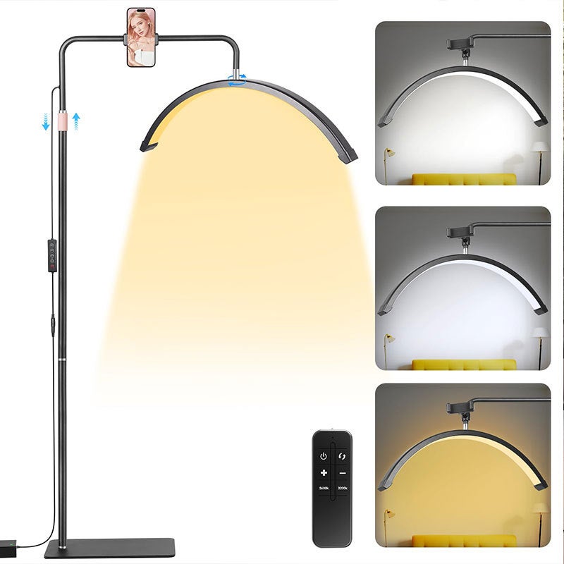 Lampe d'Esthéticienne Demi-lune sur Pied, Lampe LED Arc pour Extension de Cils 58,4 cm, Intensité Variable, avec Support de Téléphone, Télécommande, pour Beauté, Soins de la Peau, Sourcils | FR