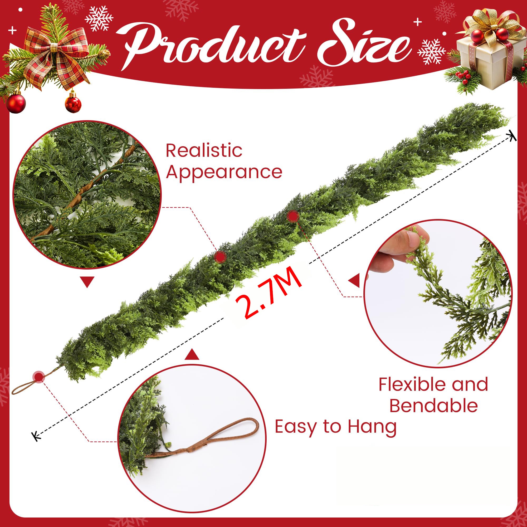 Ghirlanda natalizia artificiale con foglie di cipresso, realistica e dalla consistenza densa, ideale per decorare un tavolo pranzo camino (2,7 m) - 9