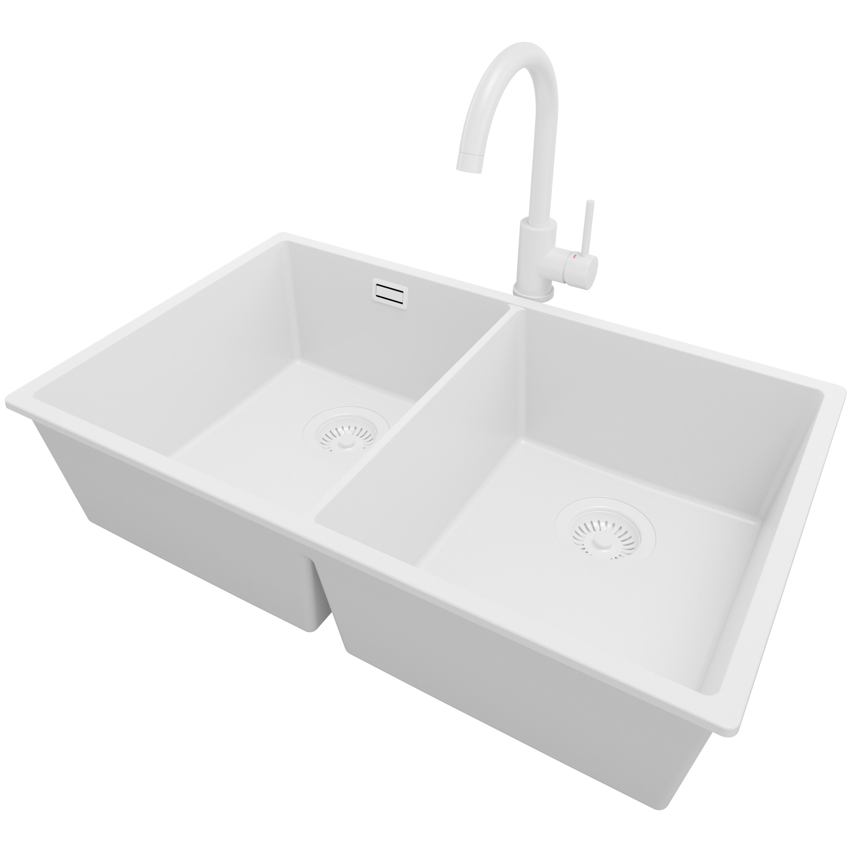 Zlewozmywak podblatowy Cały Biały 76x47cm, Zlew Kuchenny 2 Komorowy + Bateria 32x20cm + Syfon, do szafki od 80cm - Londyn Twin PRIMAGRAN