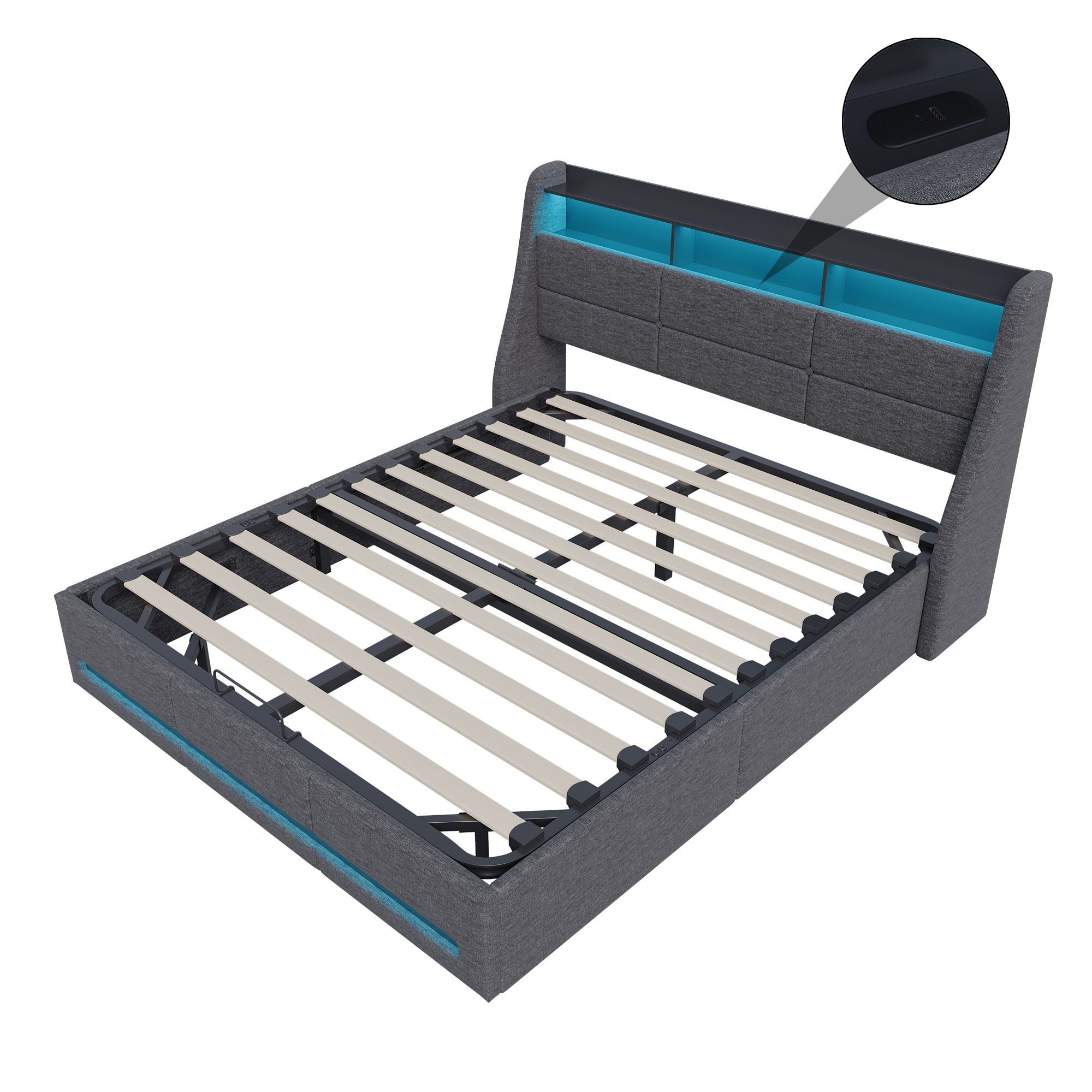 Cama doble de 140x190 cm en lino gris con almacenamiento hidráulico, cabecero con puertos USB y tiras de luces LED RGB. - 5